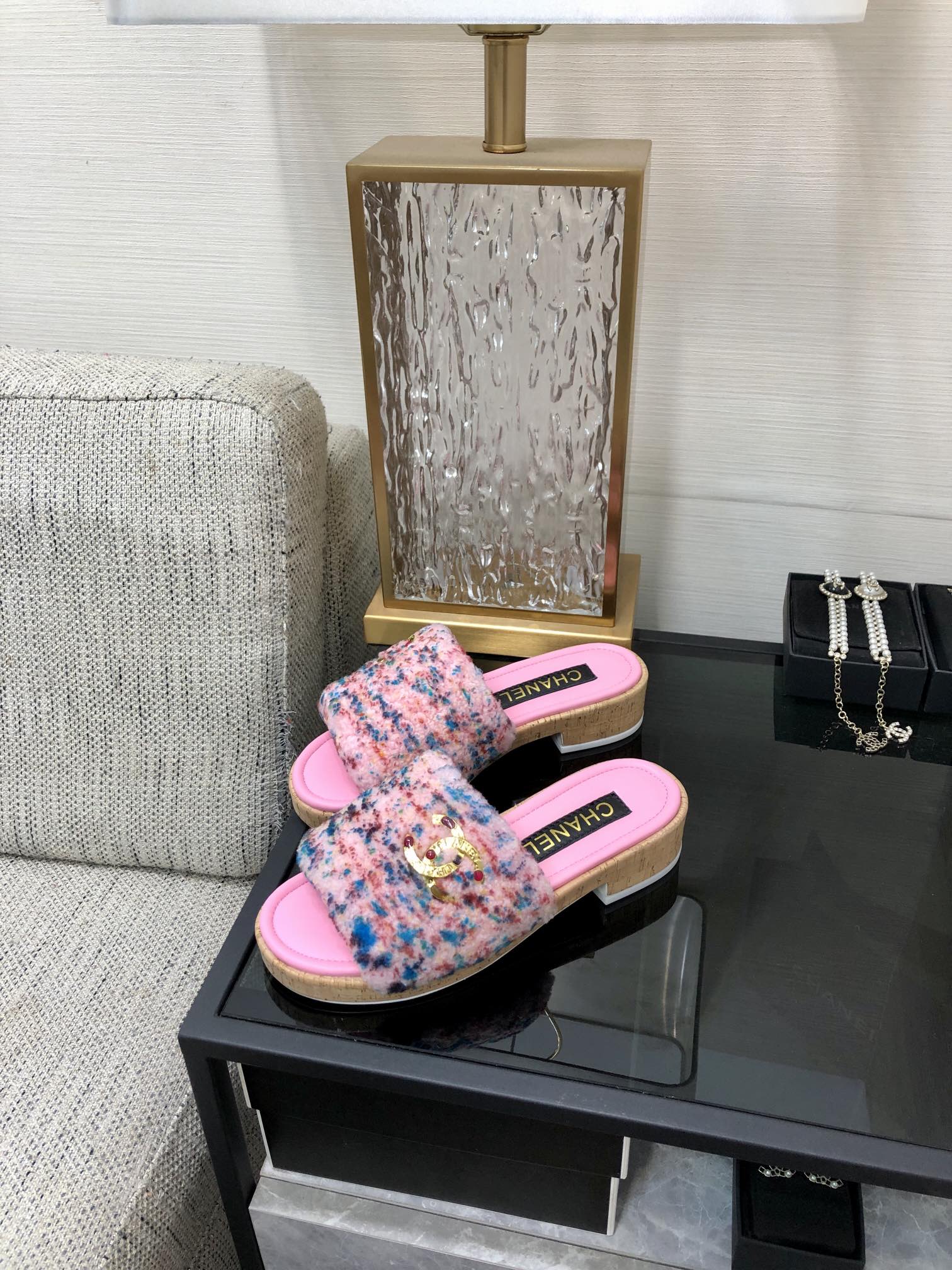 CC 26s Slippers Pink Mix Blue Red Fleece Wool Leather 970121