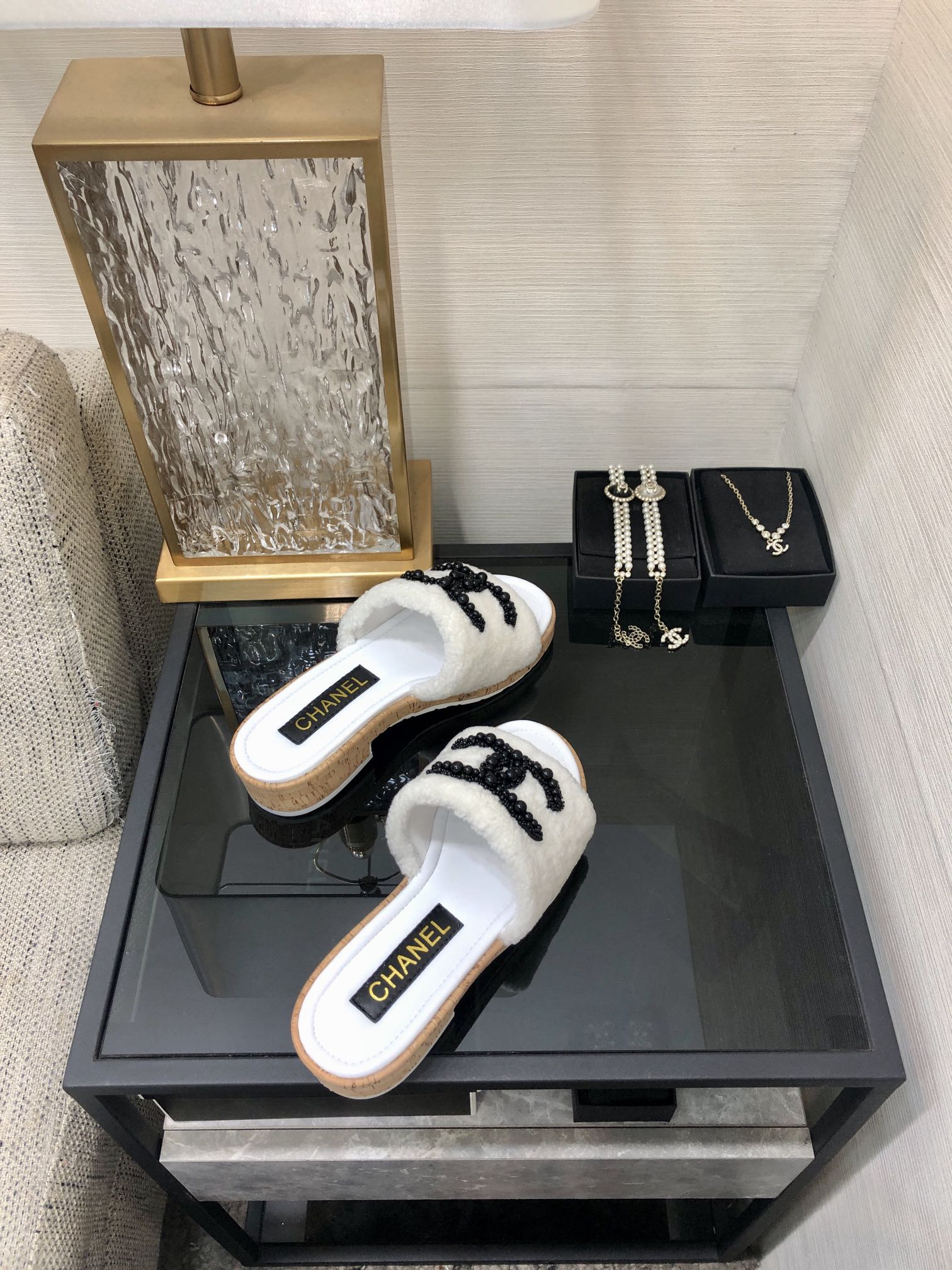 CC Pearl Plush Slides White Wool Leather 970126