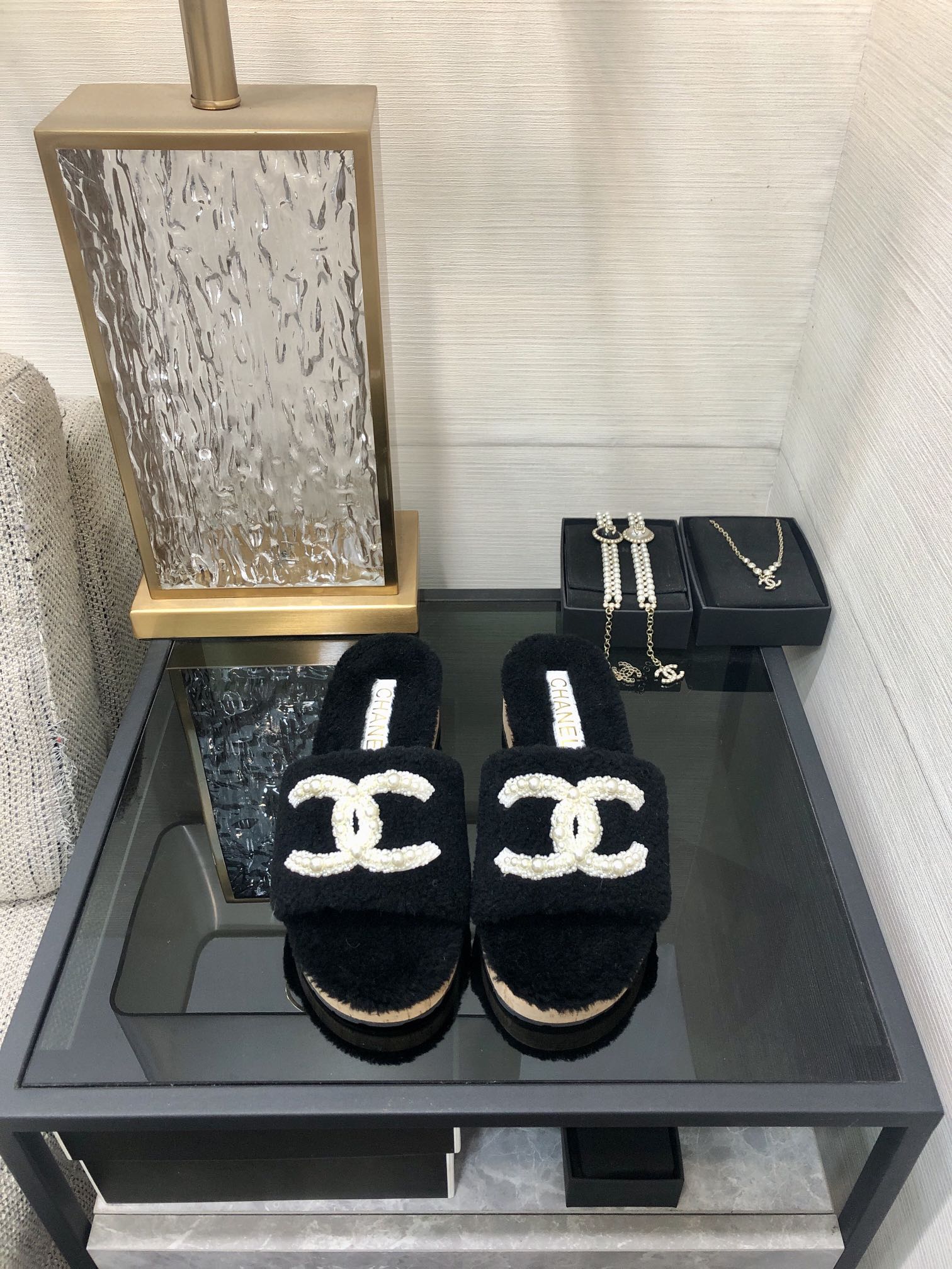 CC Pearl Plush Slides Black Wool 970128