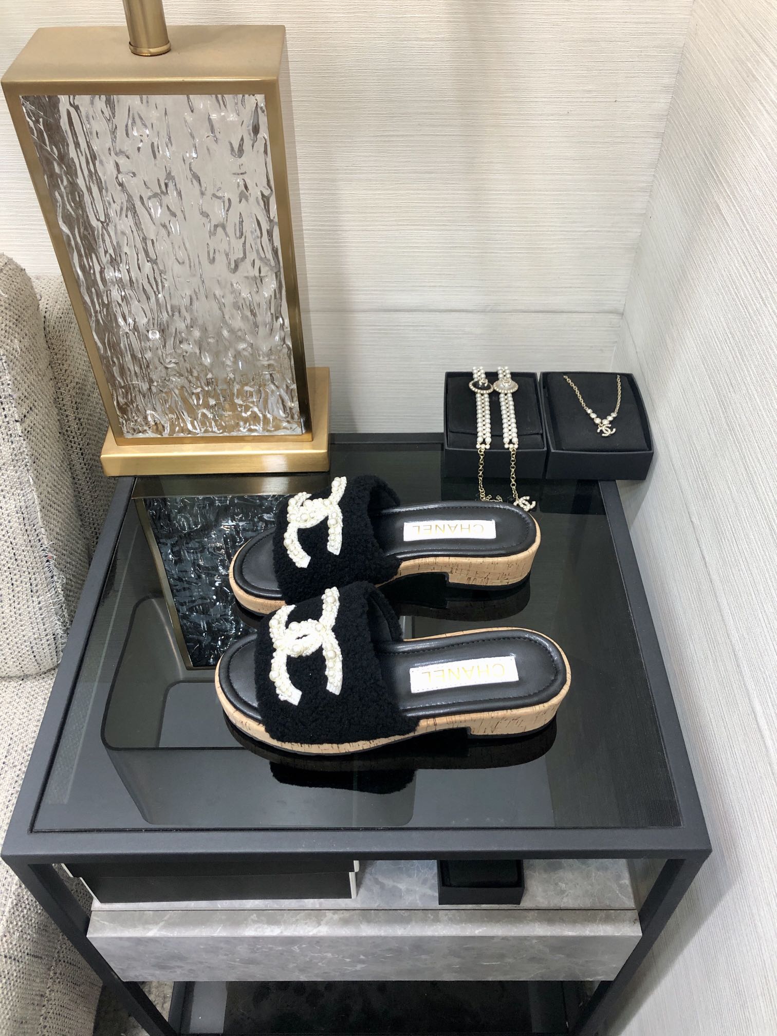CC Pearl Plush Slides Black Wool Leather 970127