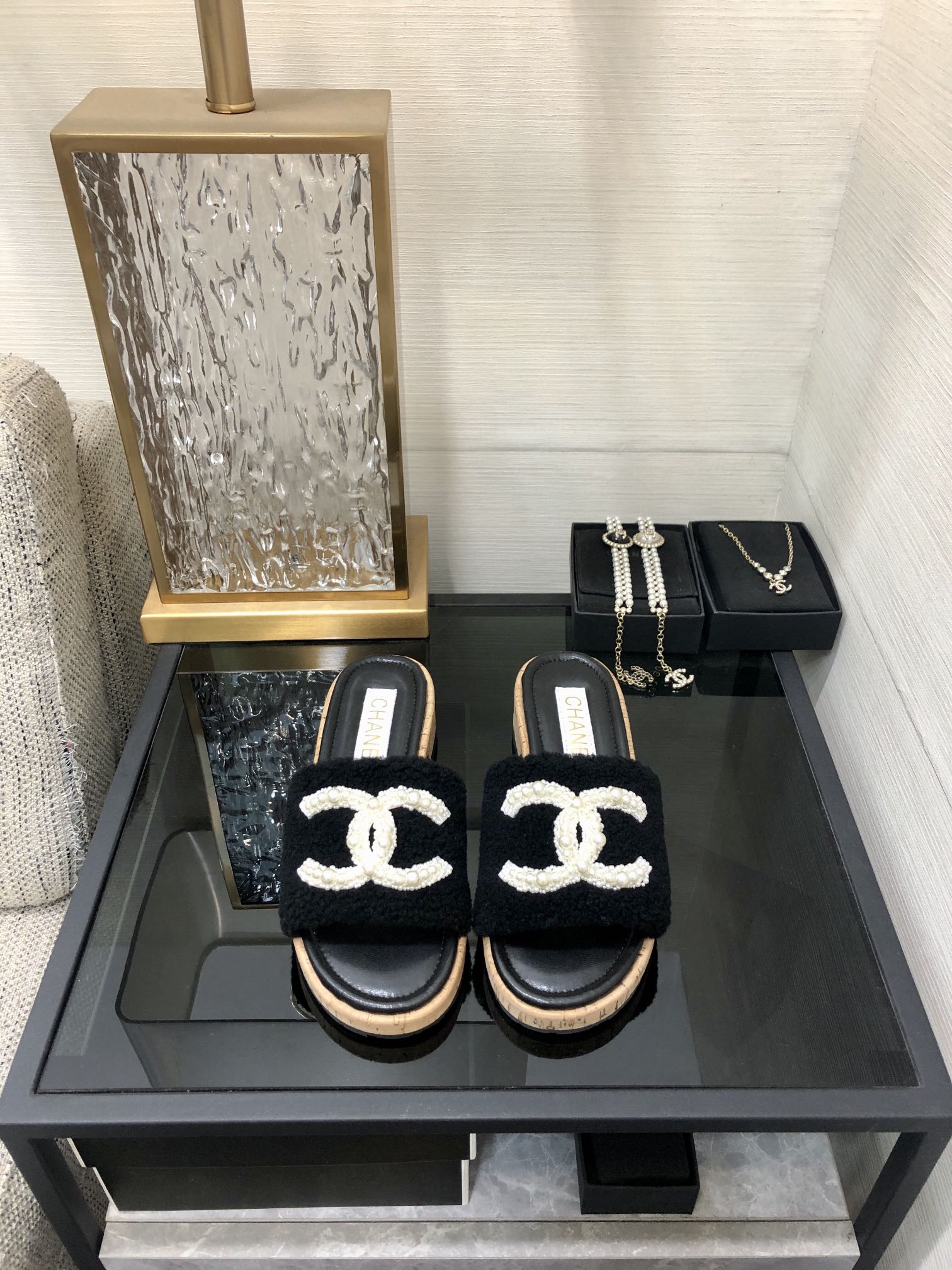 CC Pearl Plush Slides Black Wool Leather 970127