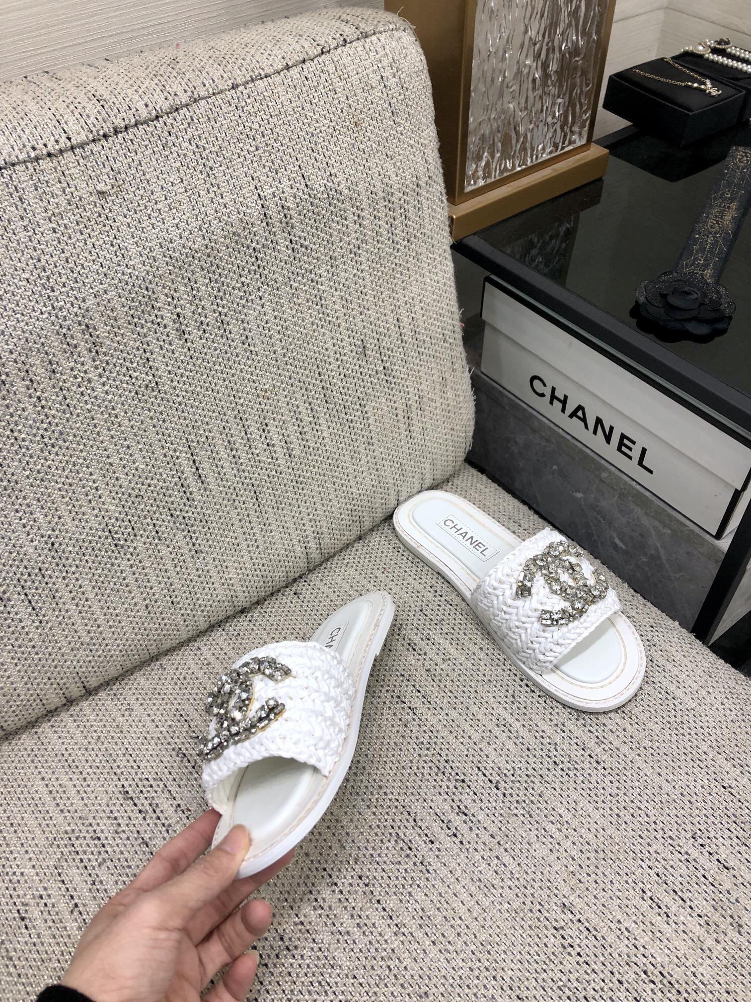 CC Flat Slides White Braided Raffia Crystal Embellished 688666