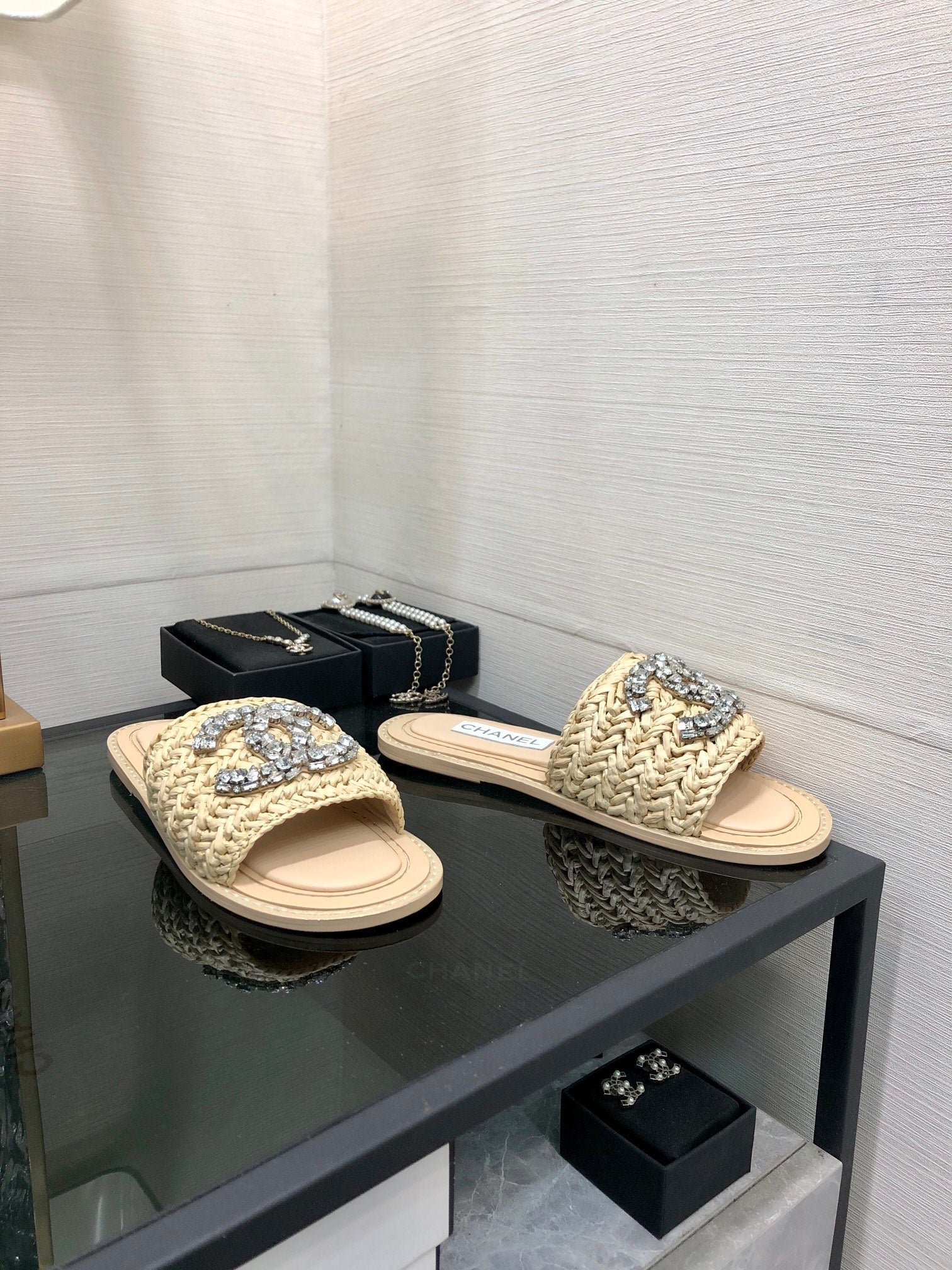 CC Flat Slides Beige Braided Raffia Crystal Embellished 688667