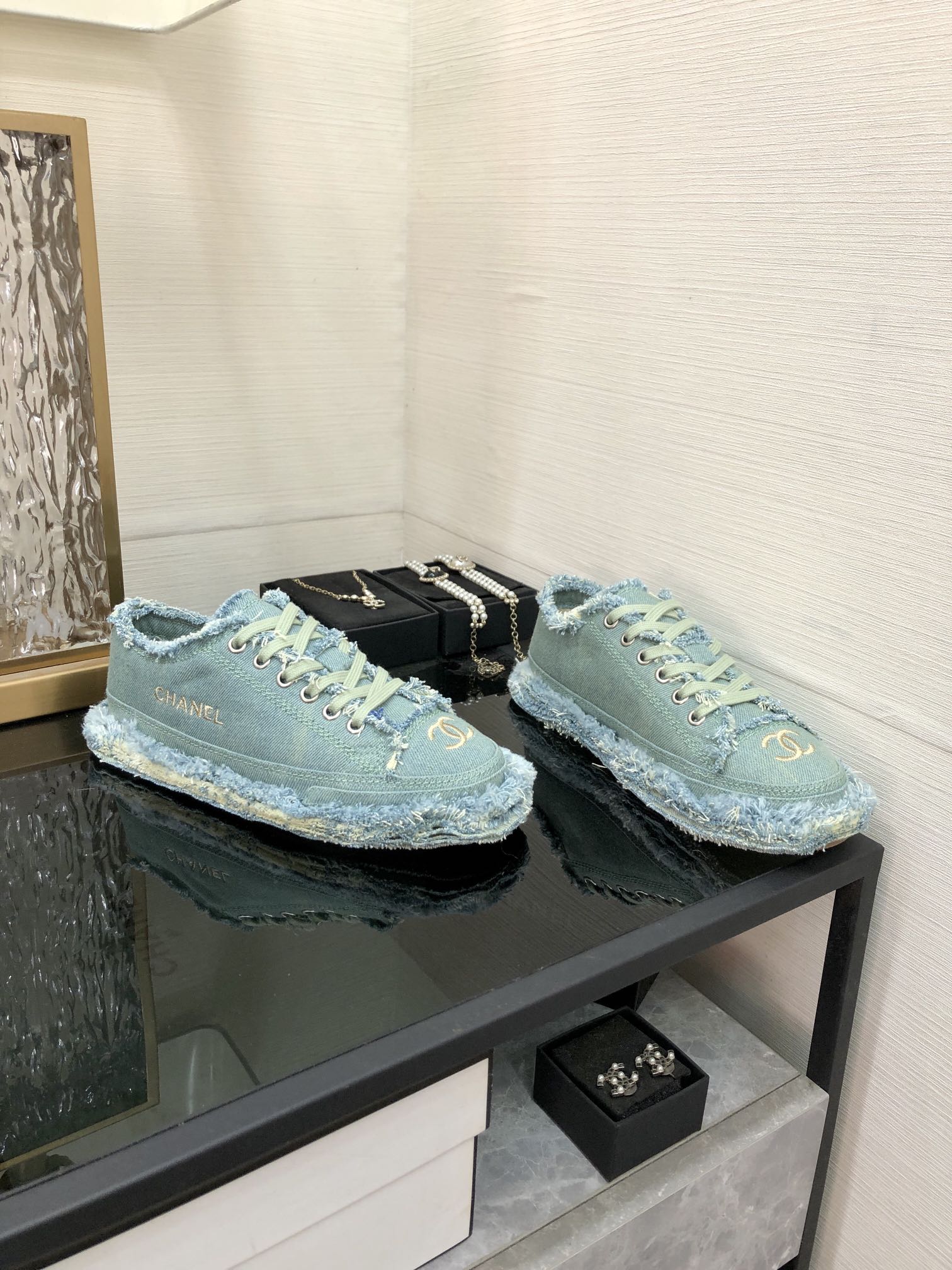 CC Sneaker Turquoise Fringe Denim Fabric