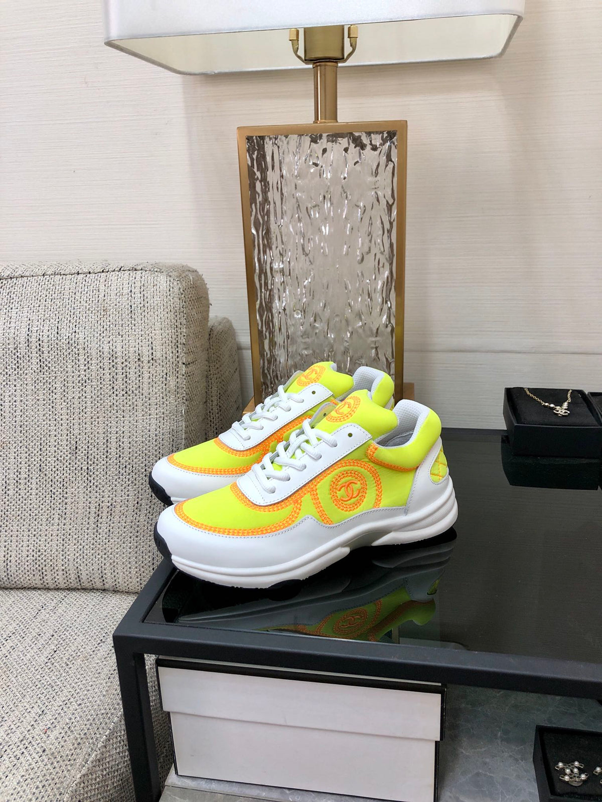 Chanel 26s Quilted Jelly Sole Sneakers Yellow White 153279