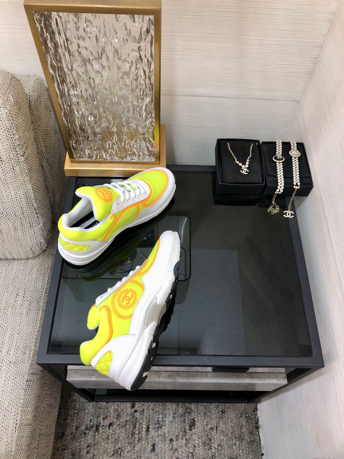 Chanel 26s Quilted Jelly Sole Sneakers Yellow White 153279