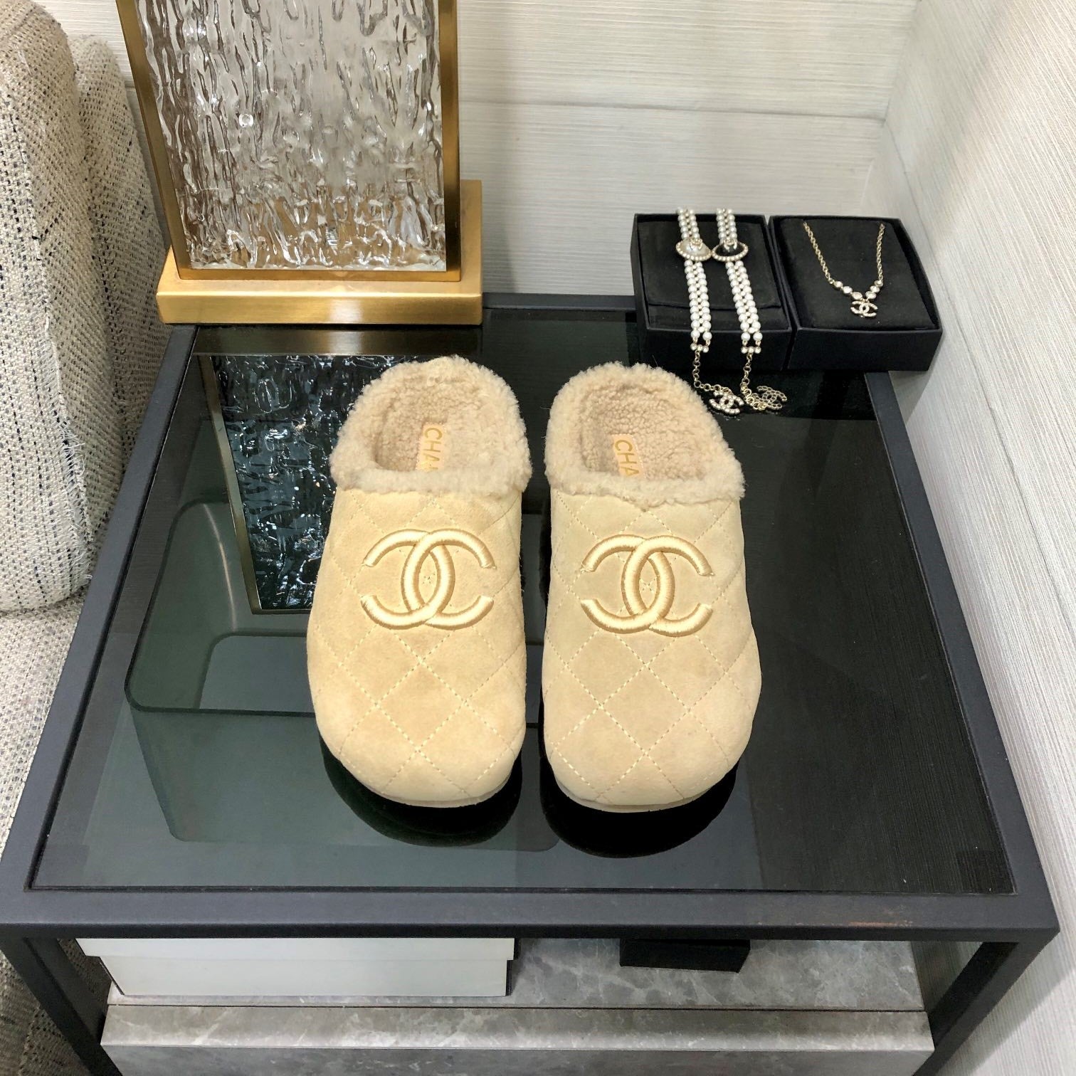 CC 26s Mules Beige Quilted Suede Shearling 970155