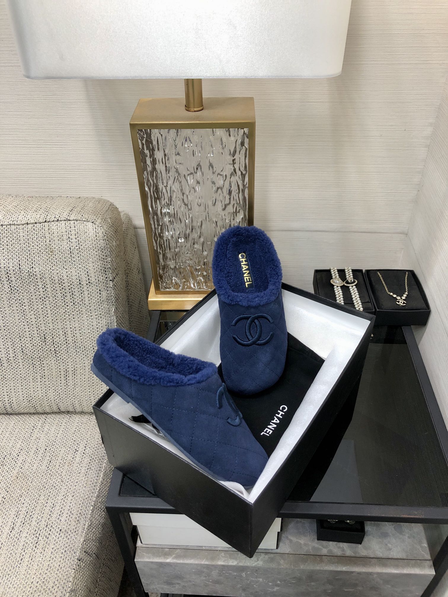 CC 26s Mules Dark Blue Quilted Suede Shearling 970152