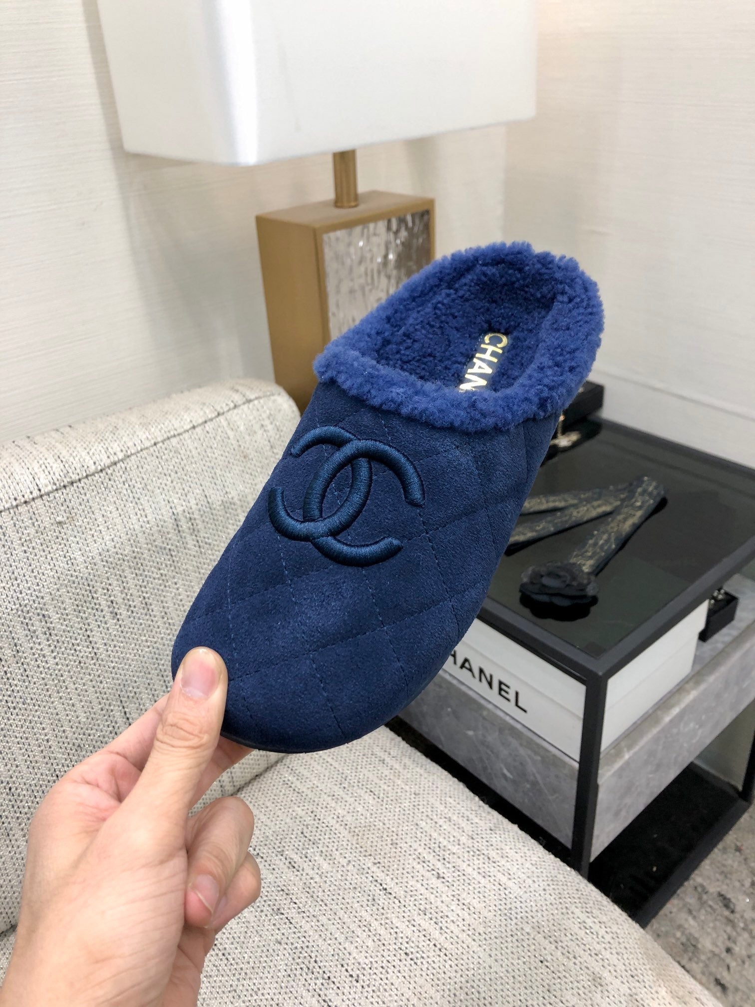 CC 26s Mules Dark Blue Quilted Suede Shearling 970152