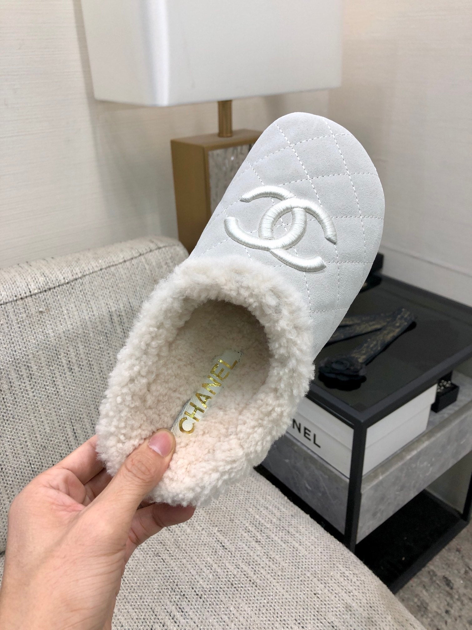 CC 26s Mules Grey Quilted Suede Shearling 970154