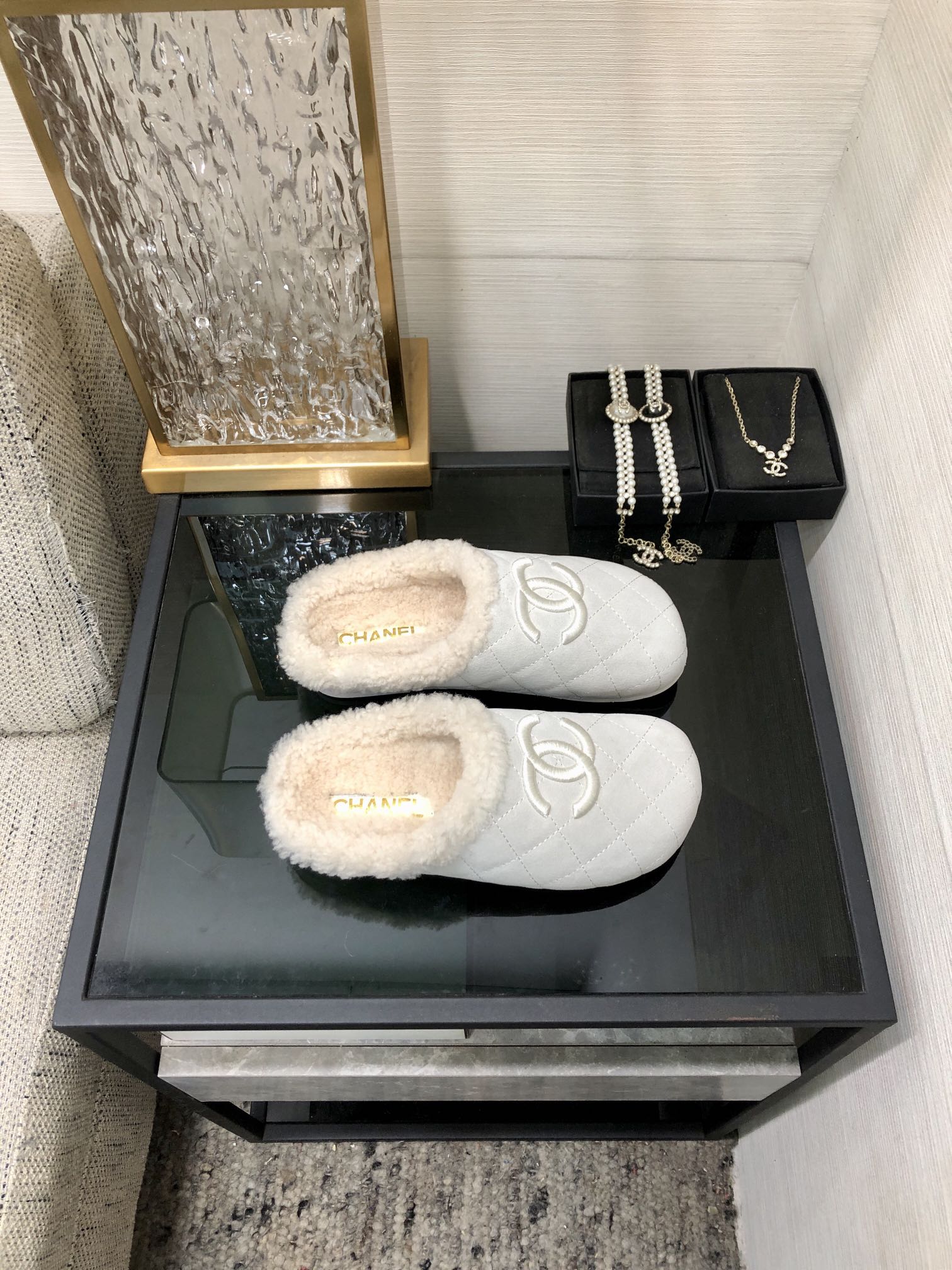 CC 26s Mules Grey Quilted Suede Shearling 970154
