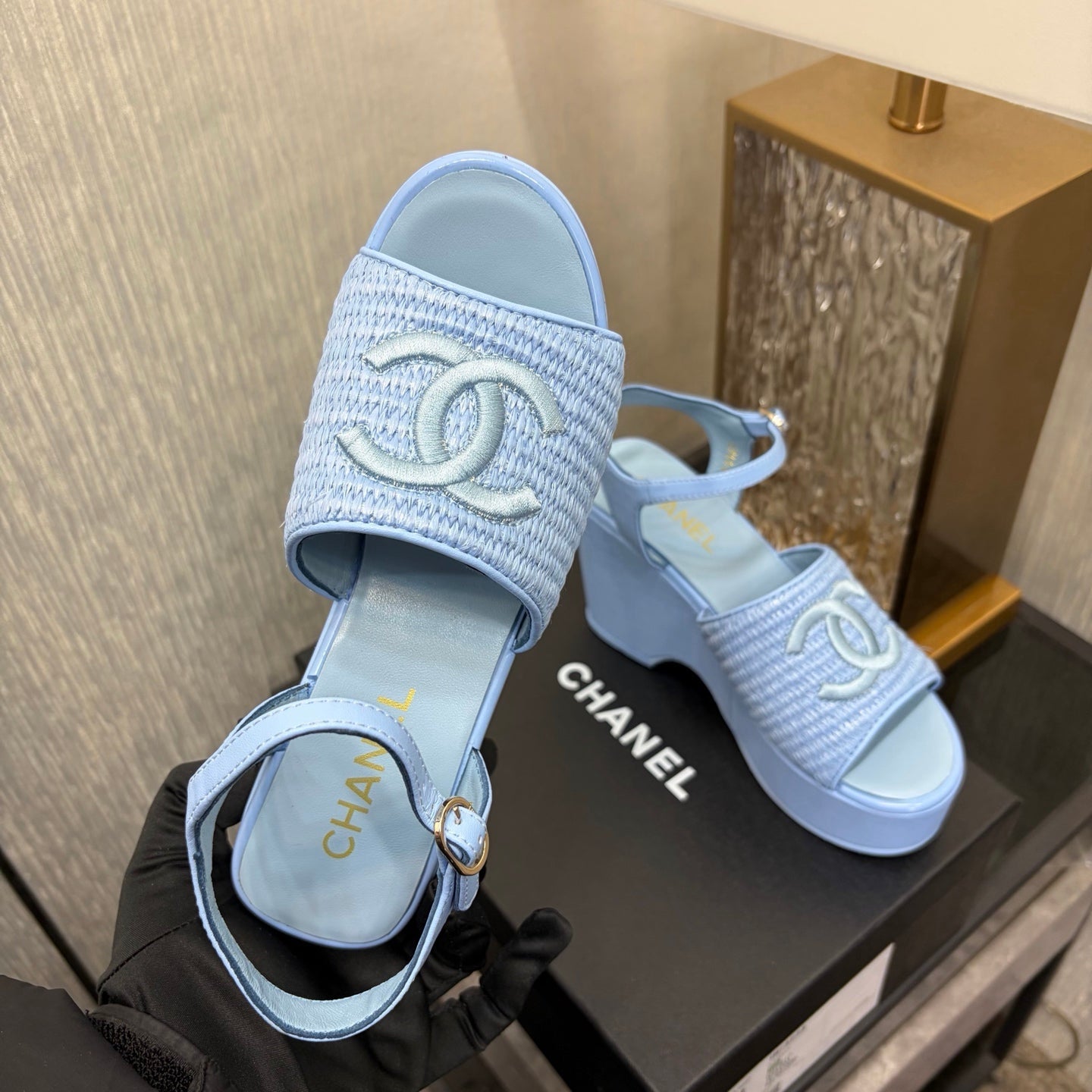 CC 26s Platform Sandal Light Blue Raffia Sheepskin 688694