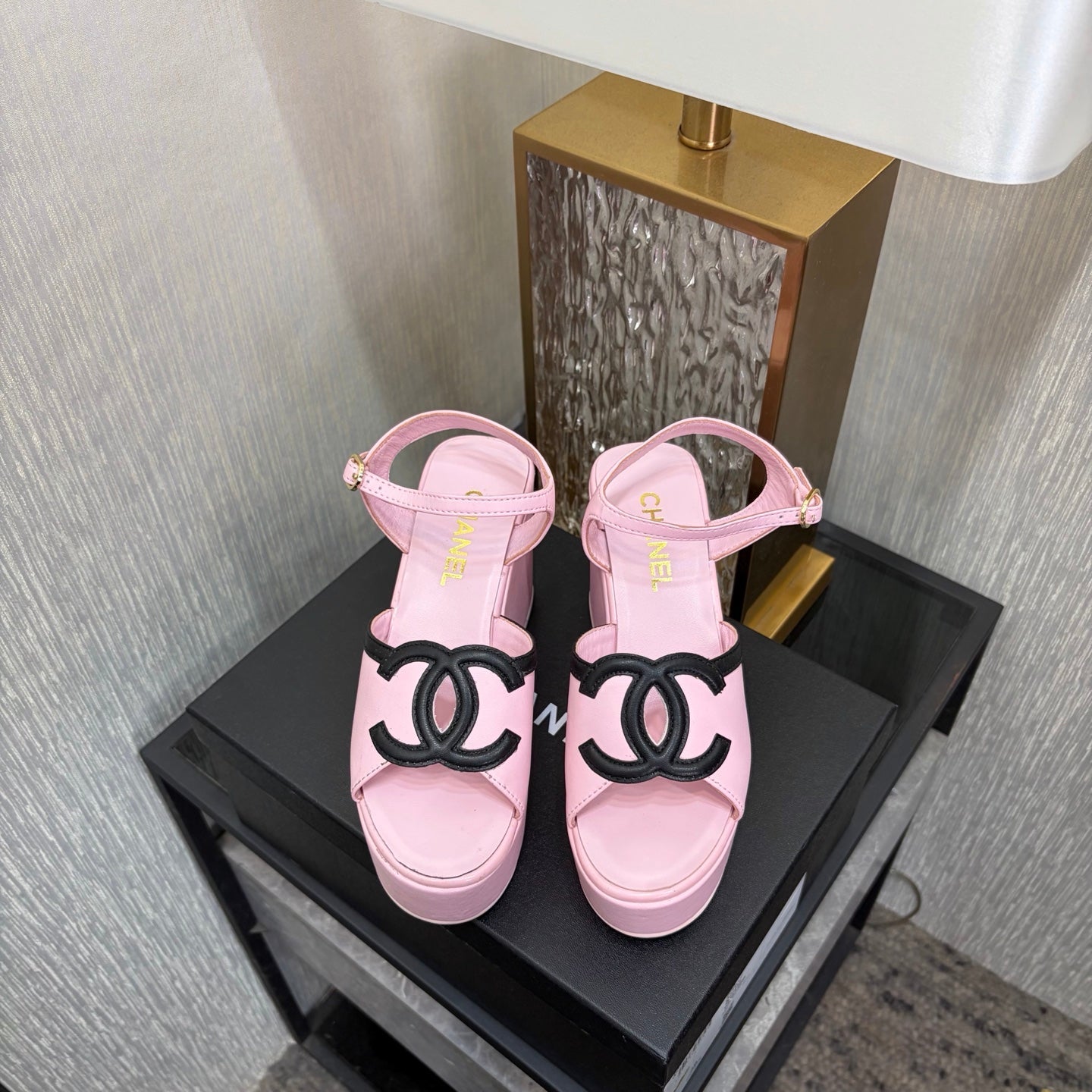 CC 26s Platform Sandals Light Pink Black Sheepskin 688703