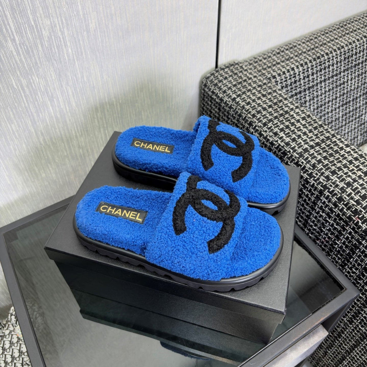 CC 26s Shearling Slide Flat Mules Blue Black Wool 128095
