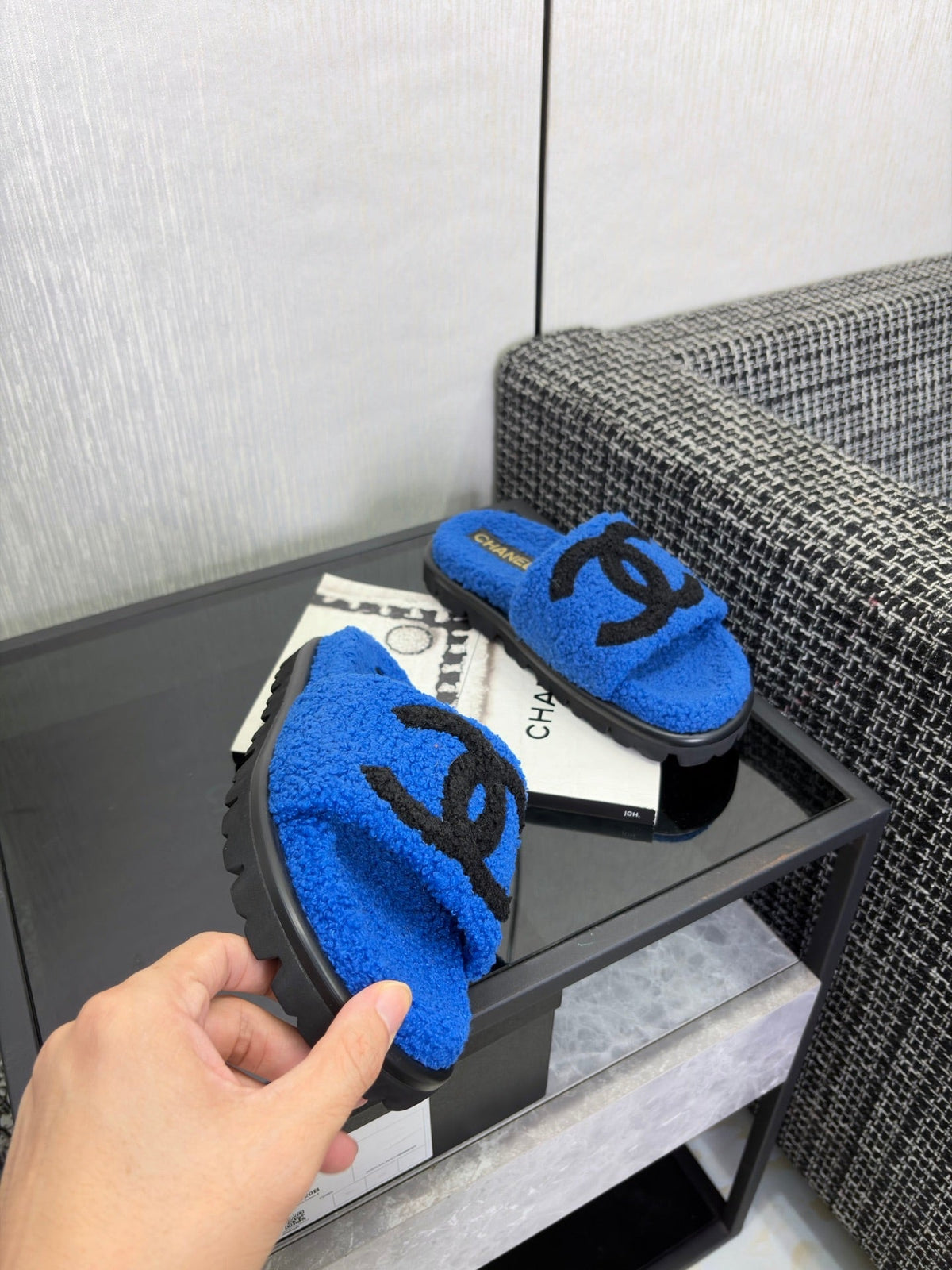 CC 26s Shearling Slide Flat Mules Blue Black Wool 128095