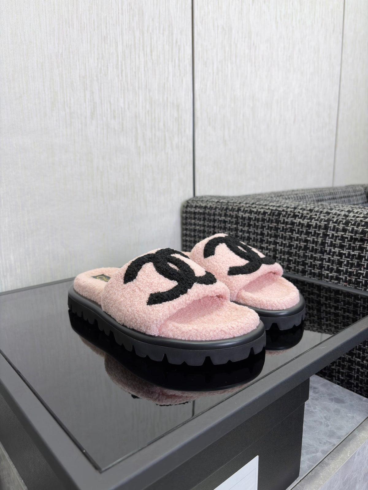 CC 26s Shearling Slide Flat Mules Light Pink Black Wool 128096