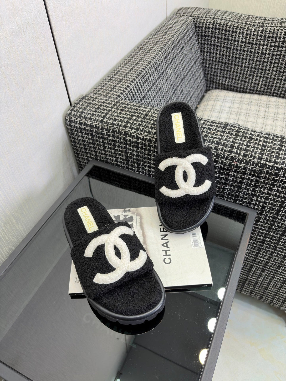 CC 26s Shearling Slide Flat Mules Black White Wool 128101