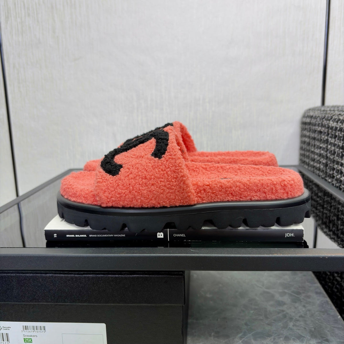 CC 26s Shearling Slide Flat Mules Coral Black Wool 128097
