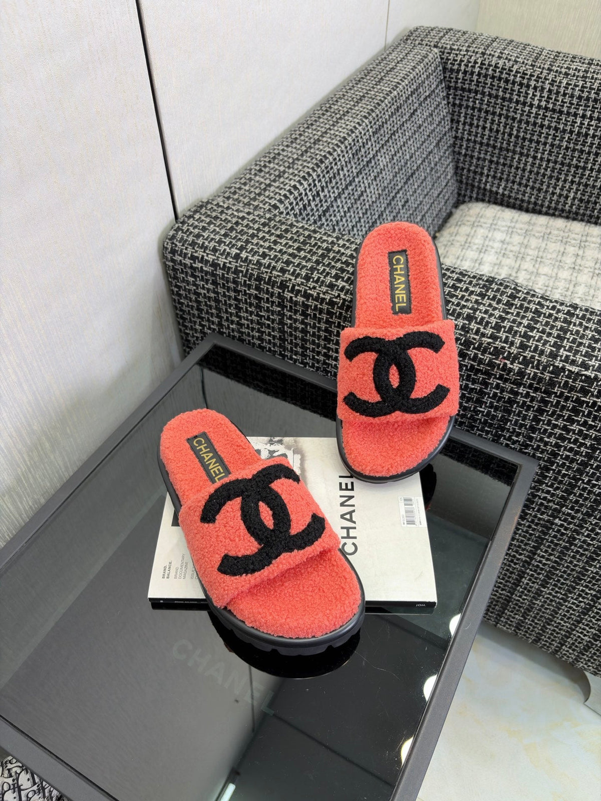 CC 26s Shearling Slide Flat Mules Coral Black Wool 128097