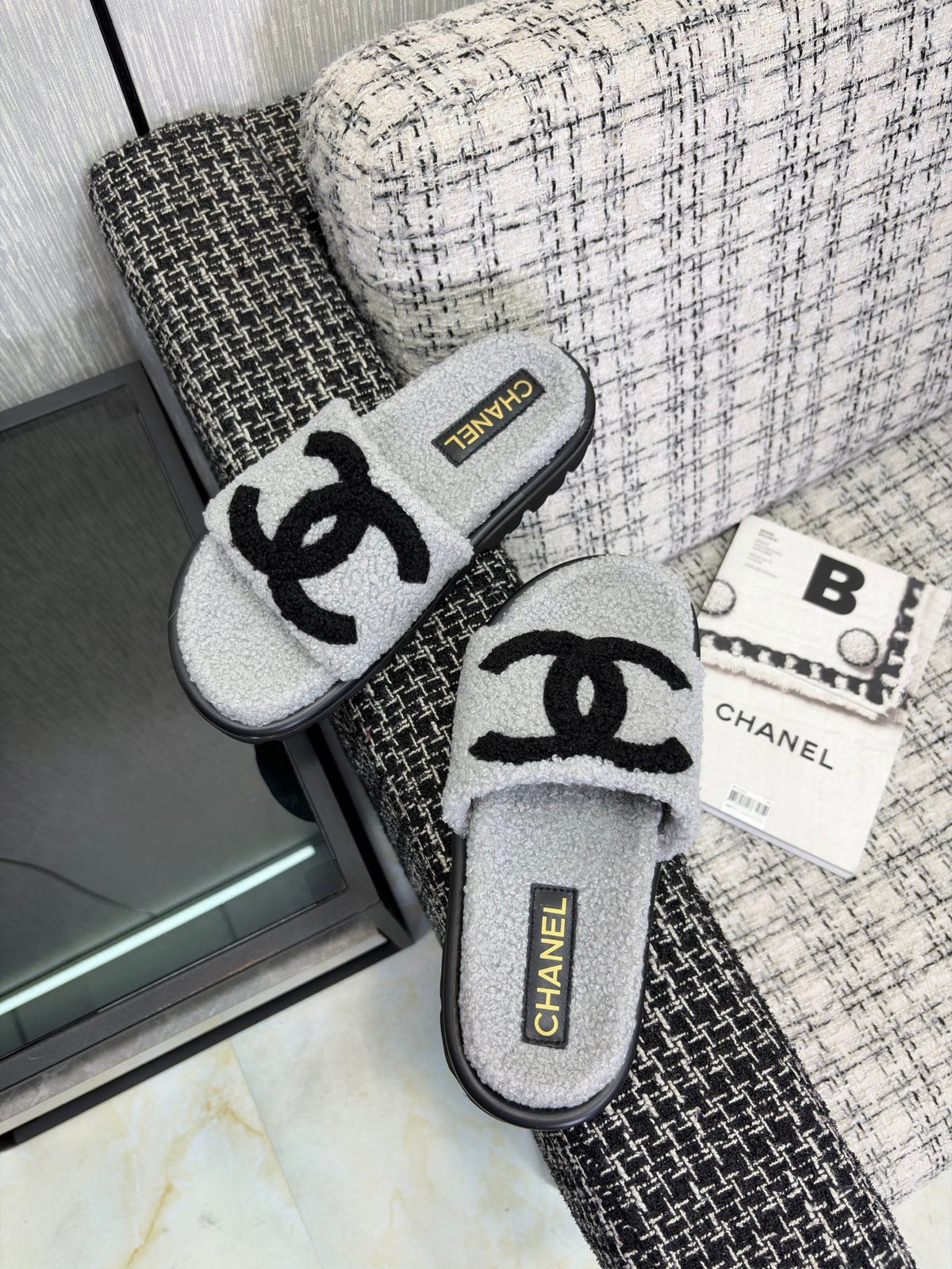 CC 26s Shearling Slide Flat Mules Grey Black Wool 128100