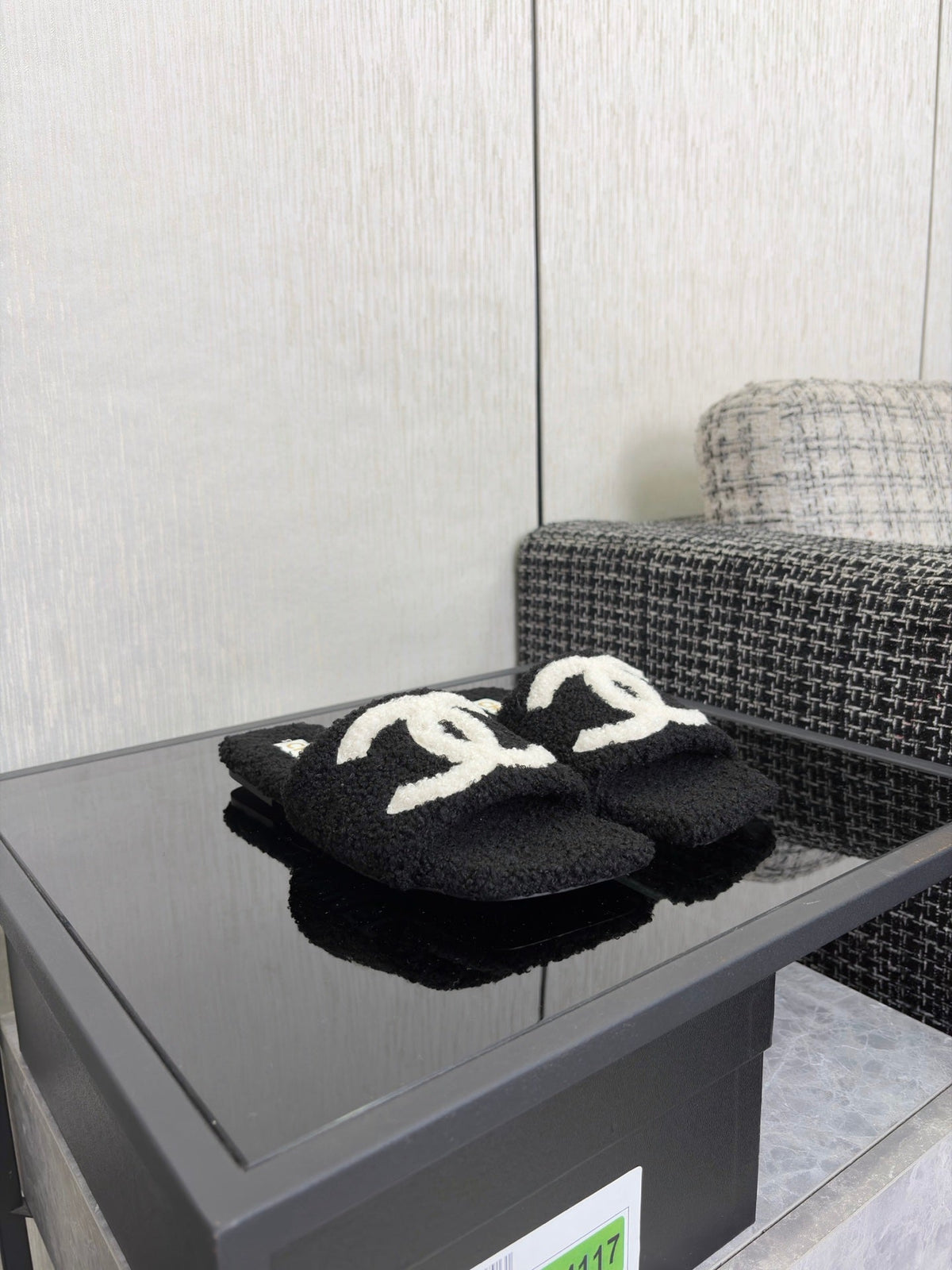 CC 26s Shearling Square Toe Sandals Black White Wool 128094
