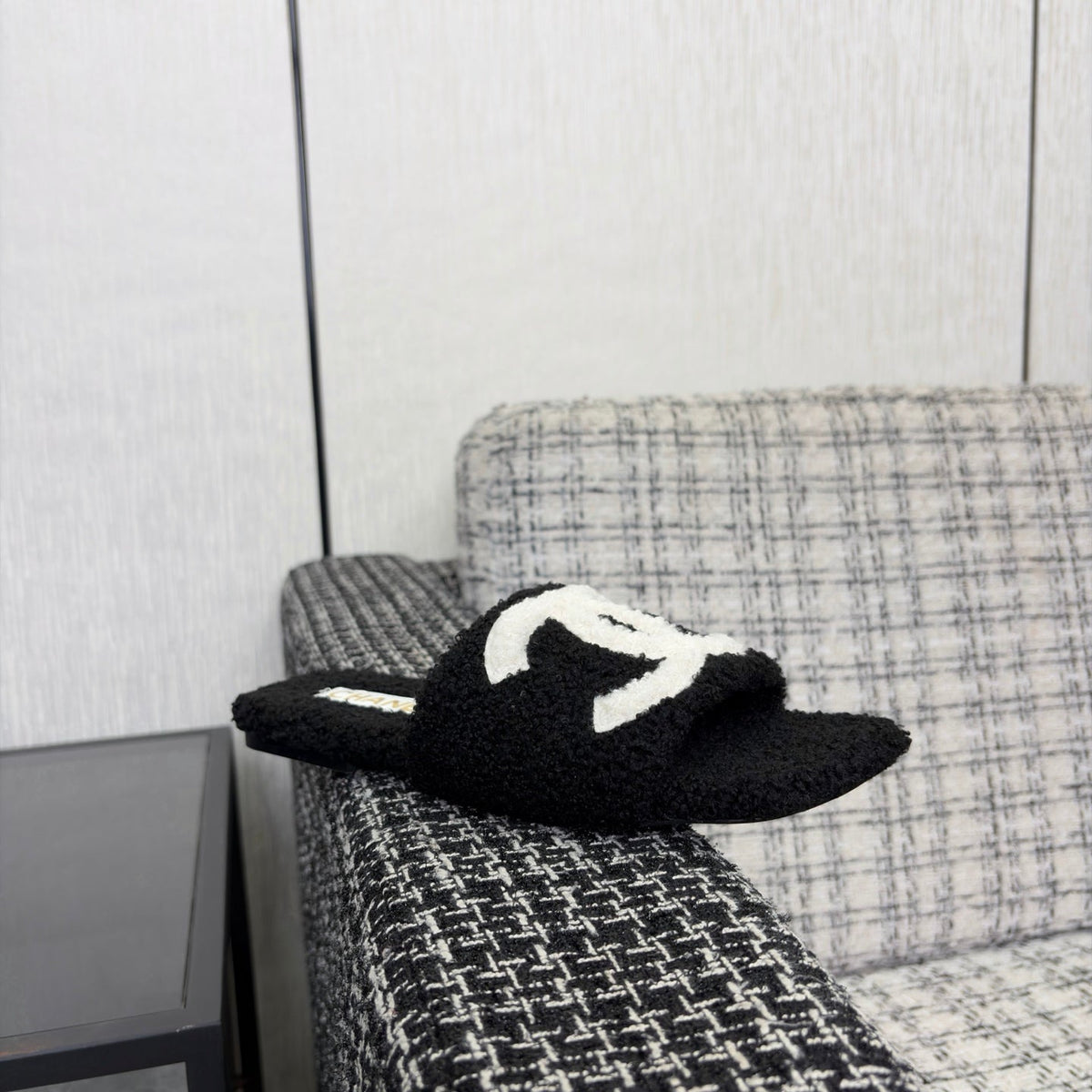 CC 26s Shearling Square Toe Sandals Black White Wool 128094