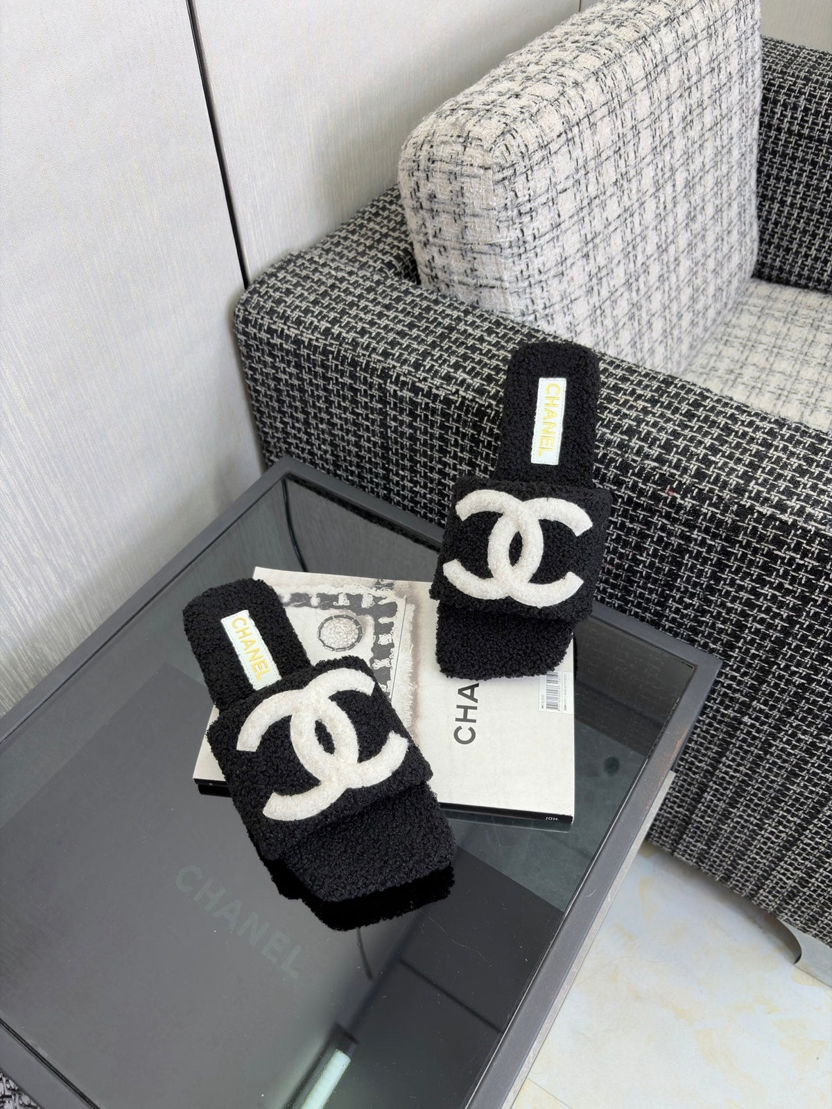 CC 26s Shearling Square Toe Sandals Black White Wool 128094