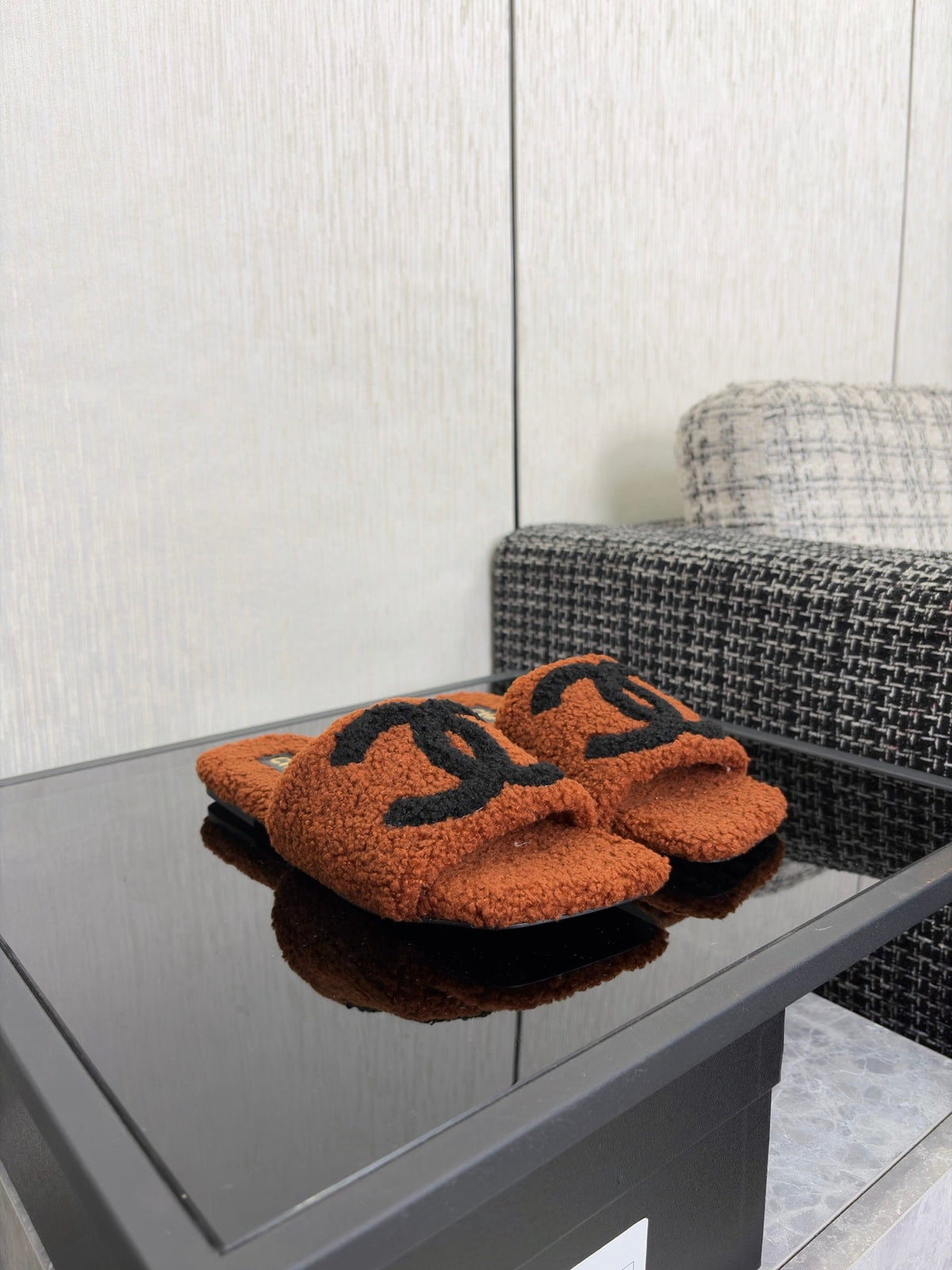 CC 26s Shearling Square Toe Sandals Brown Black Wool 128088