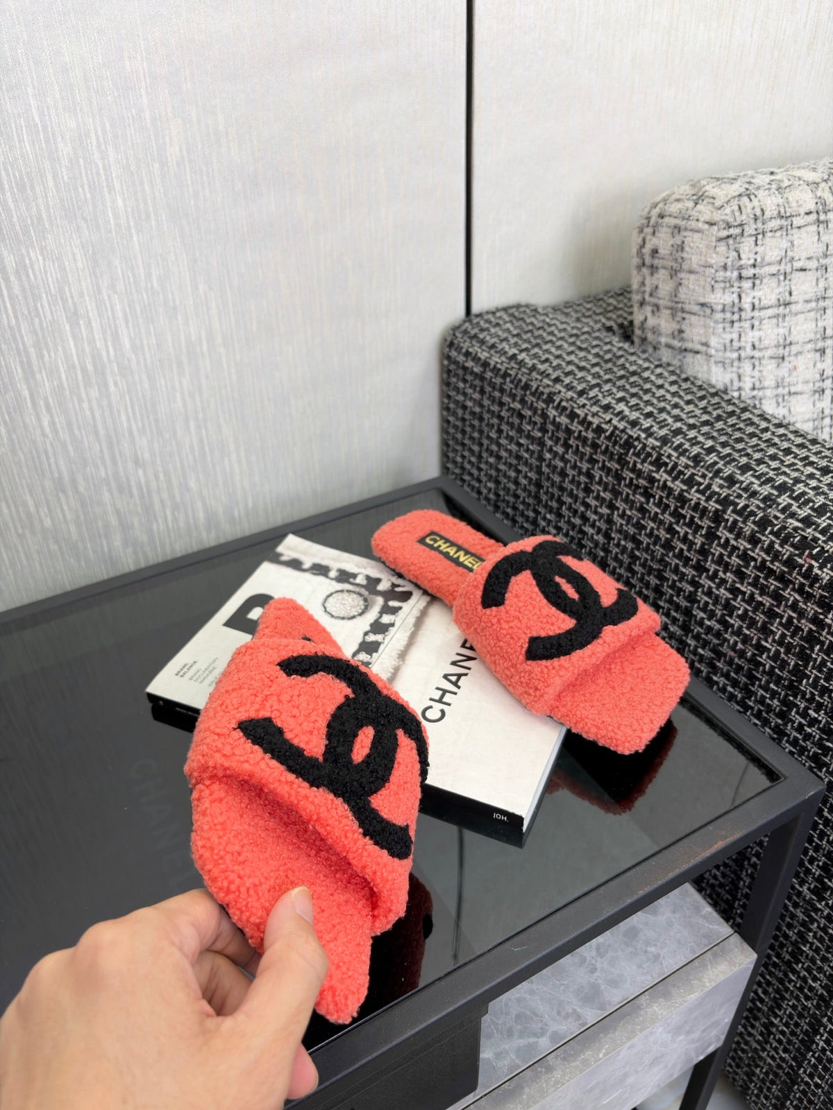 CC 26s Shearling Slide Flat Mules Coral Black Wool 128092