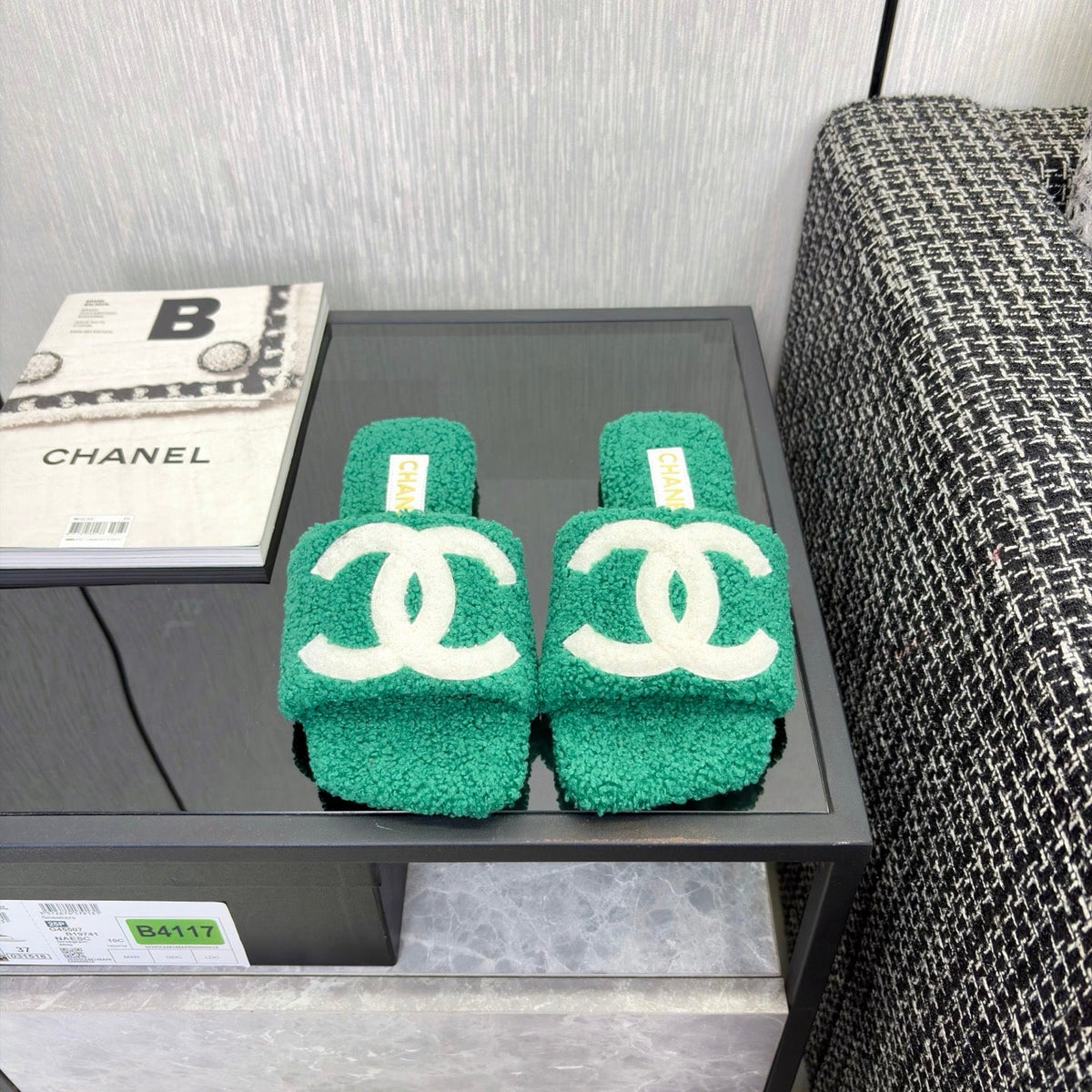 CC 26s Shearling Square Toe Sandals Green White Wool 128091
