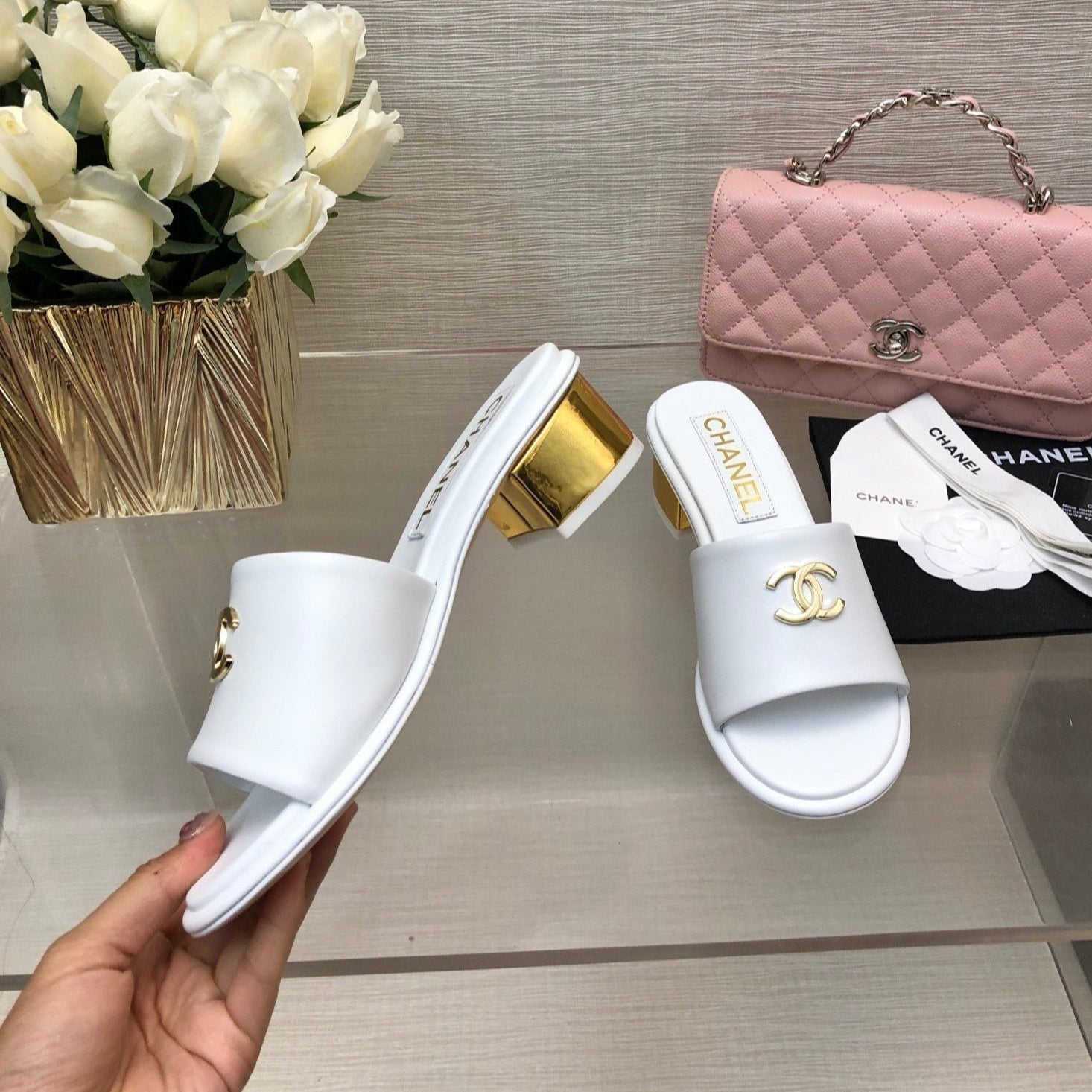 CC 25C Mid Heel Mule White Genuine Calfskin 212954