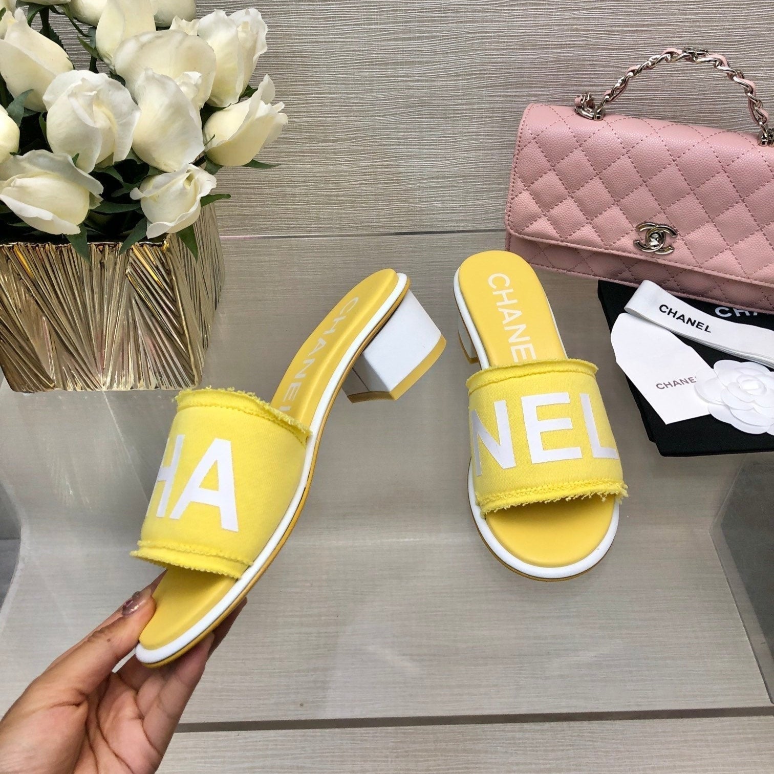 CC 25C Mid Heel Mule Yellow Fabric Material 212958