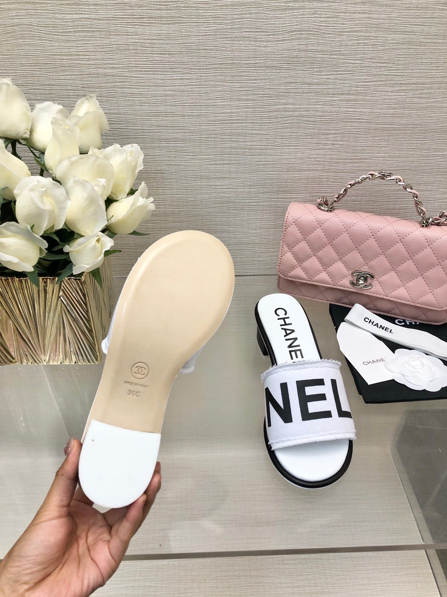 CC 25C Mid Heel Mule White Fabric Material 212959