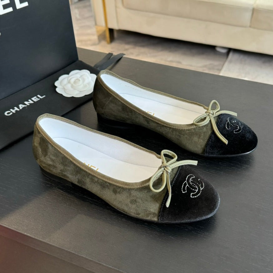 ballet flat moss green suede and black canvas