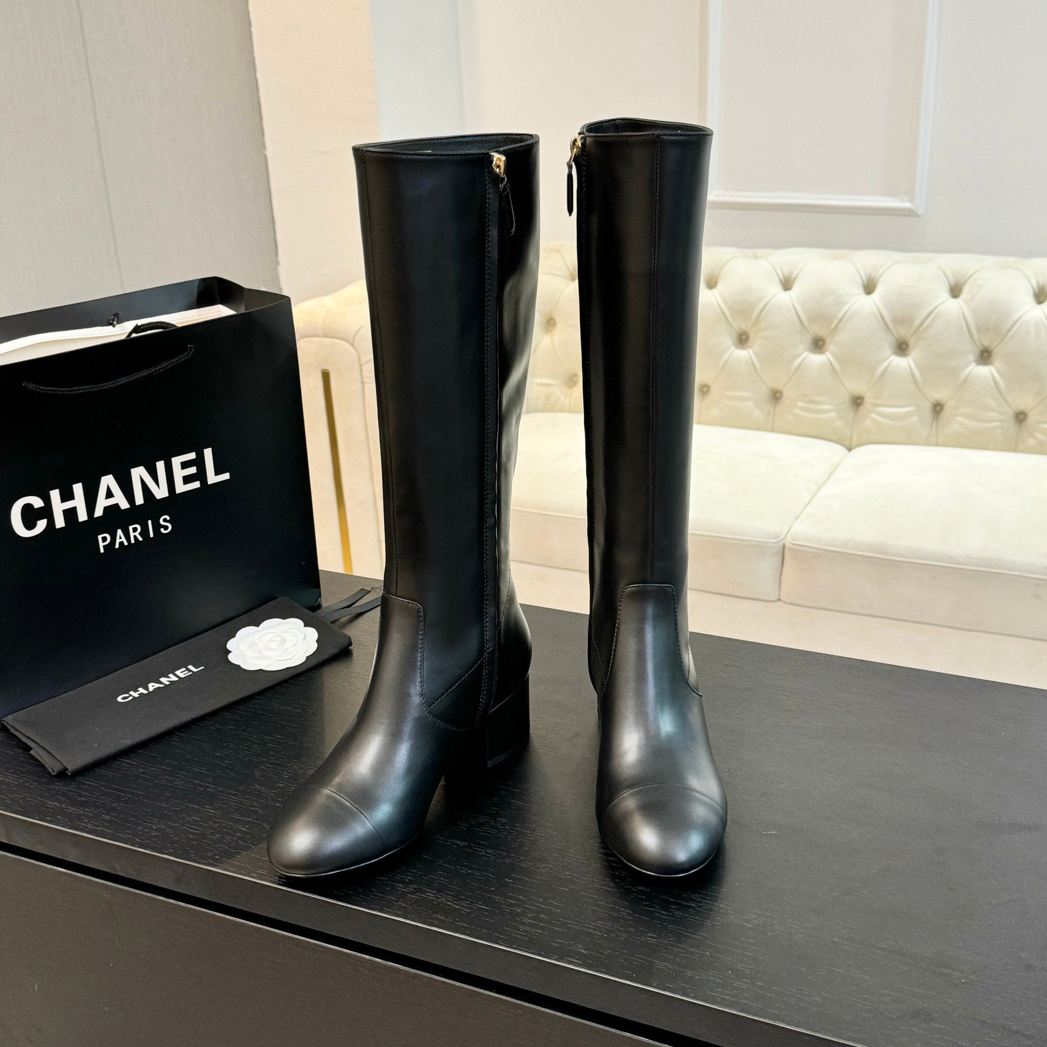 CC 26s Block Heel Long Boot 4.5cm Black Lambskin 957796