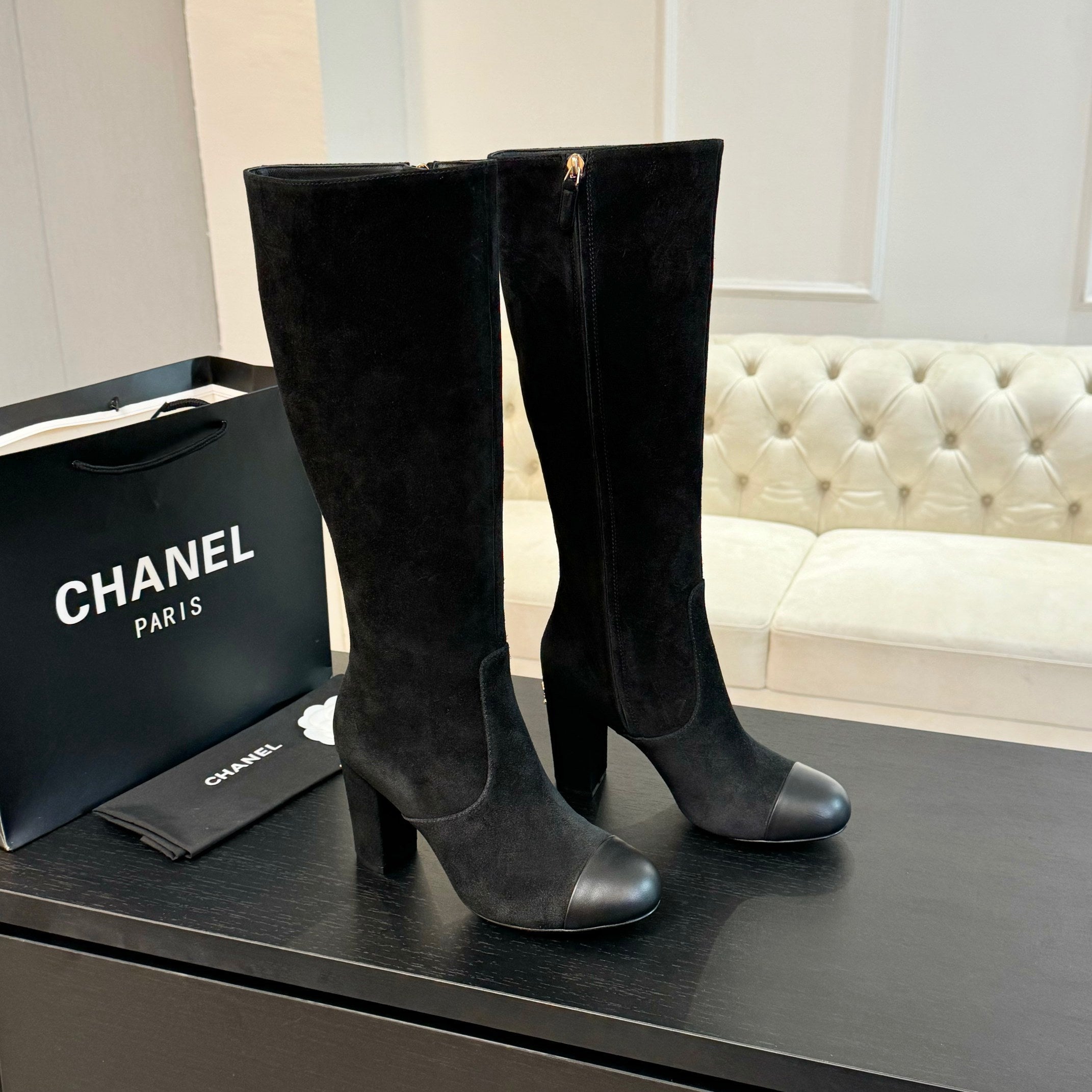CC 26s Block Heel Long Boot 8cm Black Suede Lambskin 957798