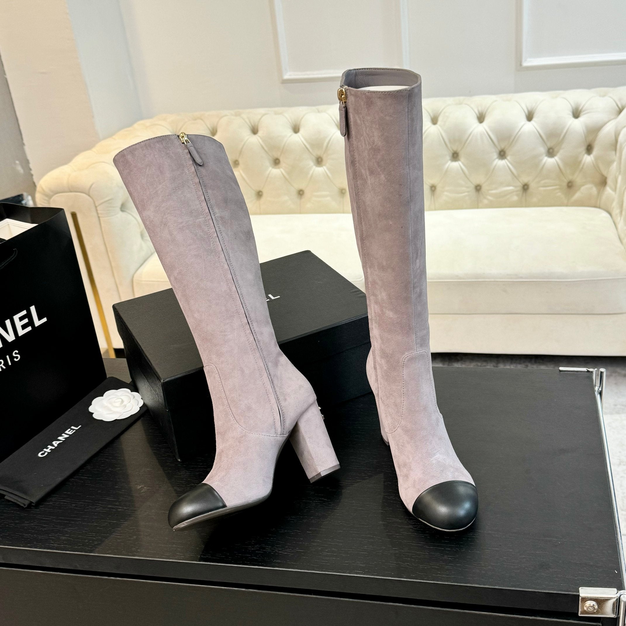 CC 26s Block Heel Long Boot 8cm Light Purple Black Suede Lambskin 957799