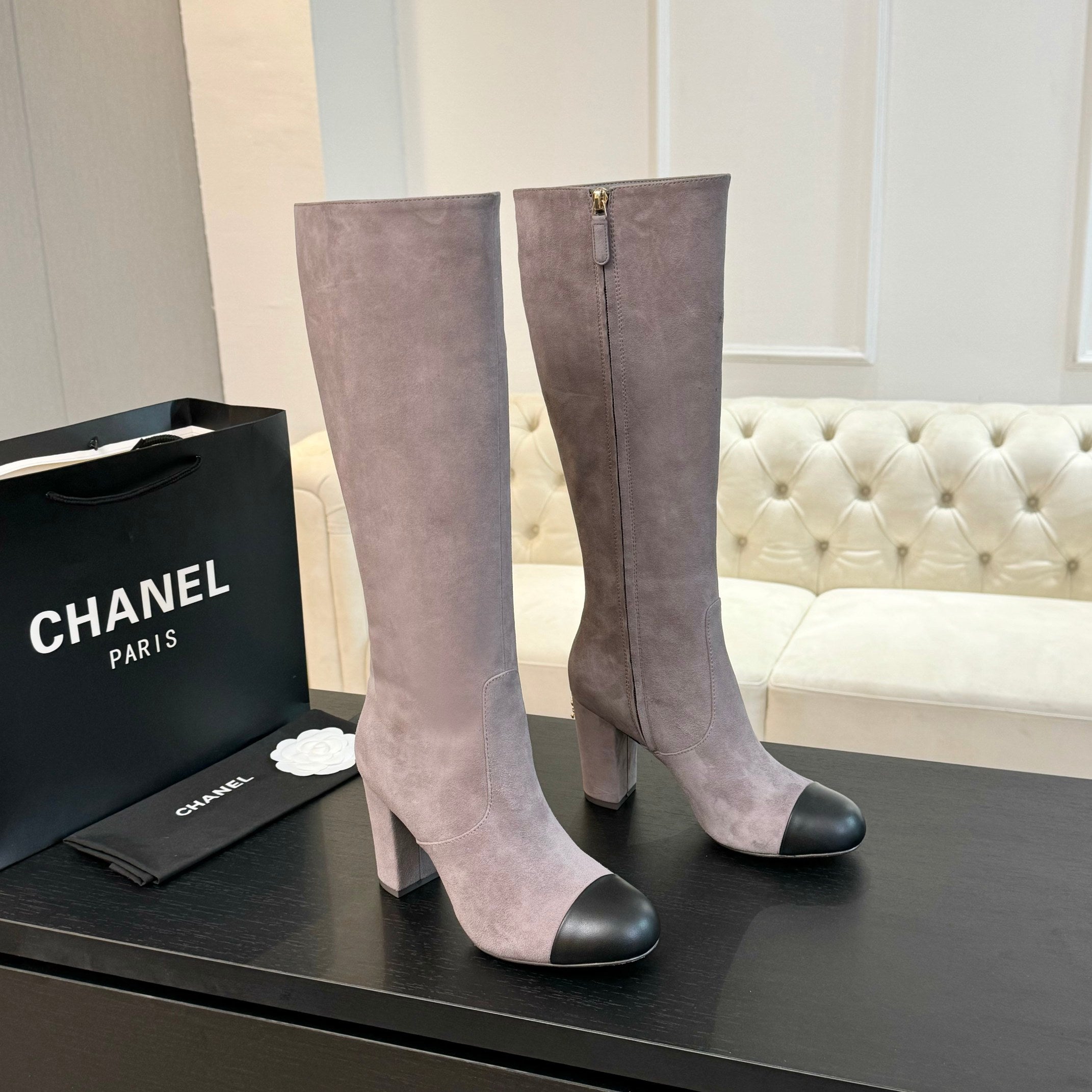CC 26s Block Heel Long Boot 8cm Light Purple Black Suede Lambskin 957799