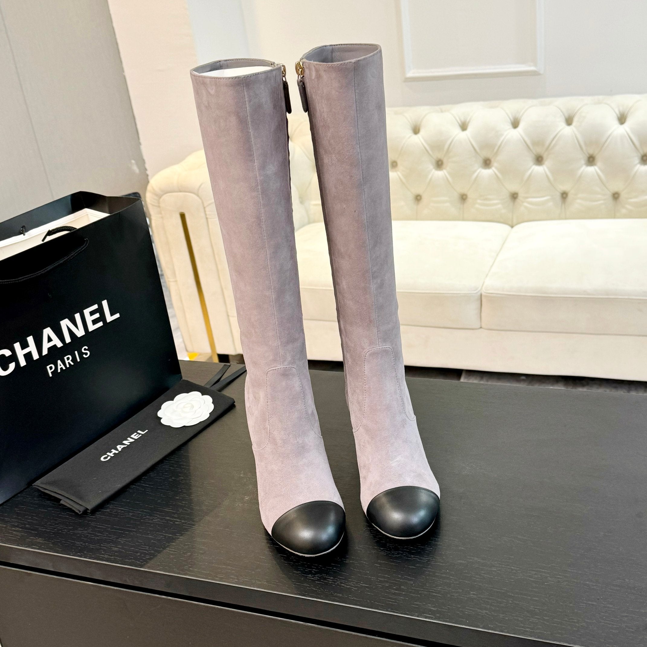 CC 26s Block Heel Long Boot 8cm Light Purple Black Suede Lambskin 957799