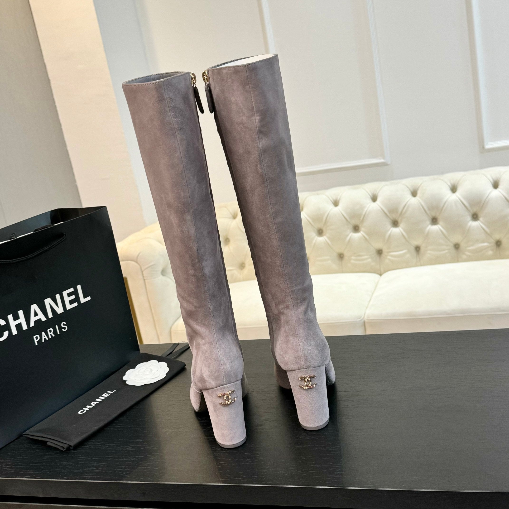 CC 26s Block Heel Long Boot 8cm Light Purple Black Suede Lambskin 957799