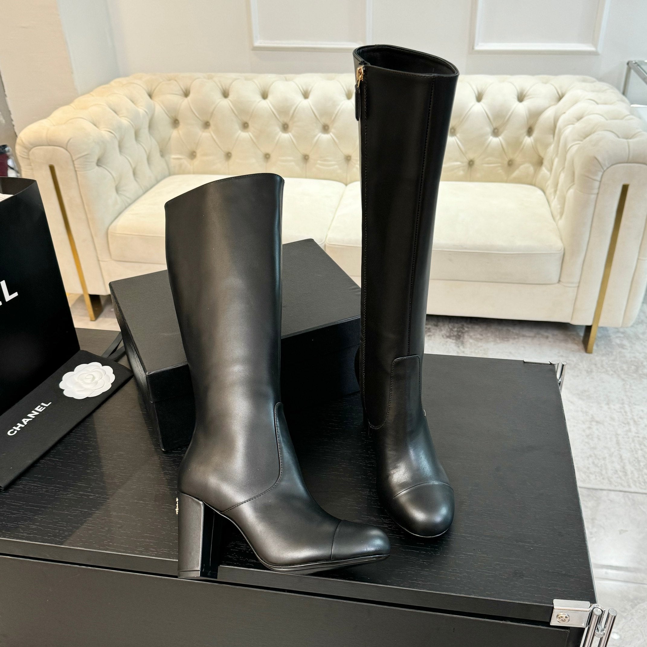 CC 26s Block Heel Long Boot 8cm Black Lambskin 957800