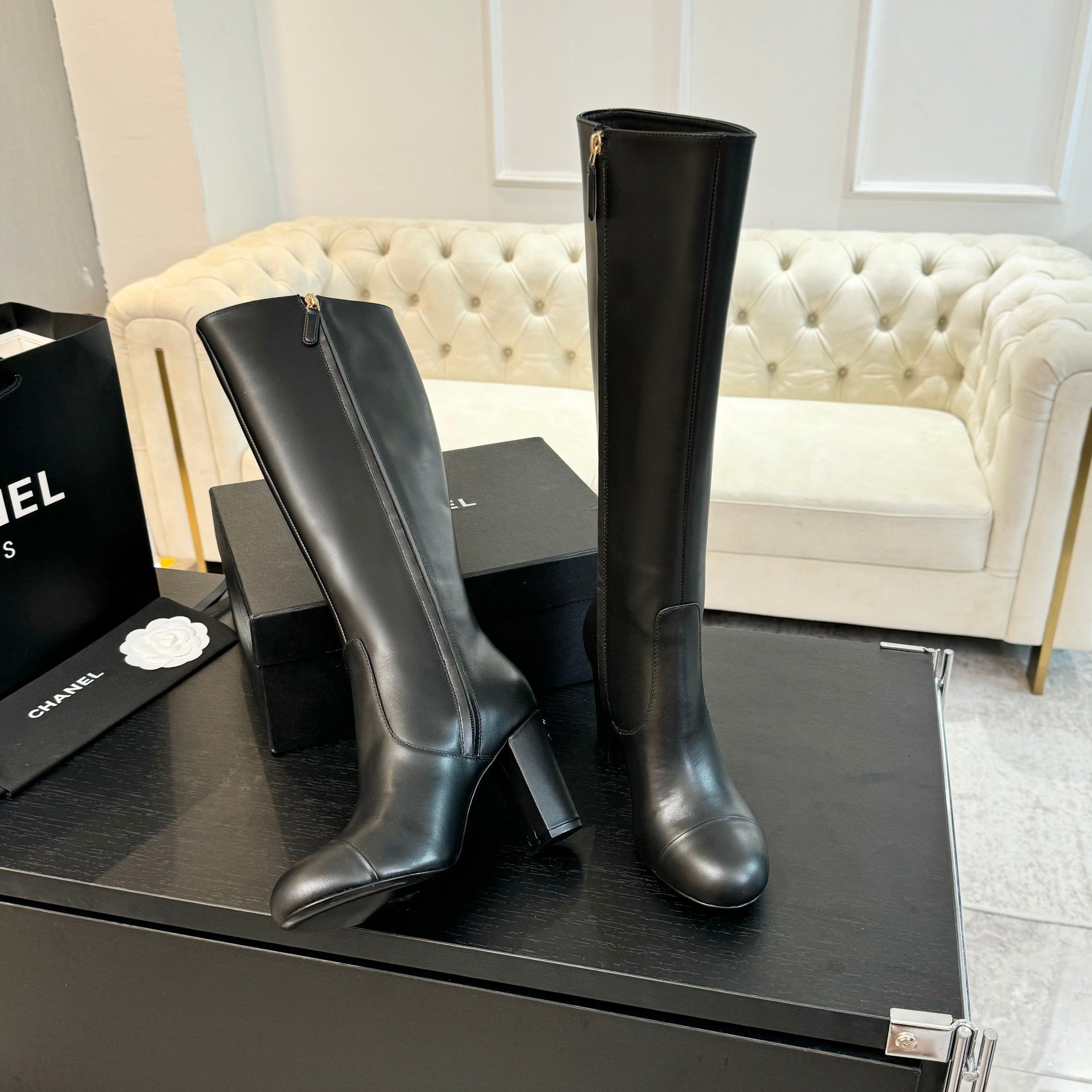 CC 26s Block Heel Long Boot 8cm Black Lambskin 957800
