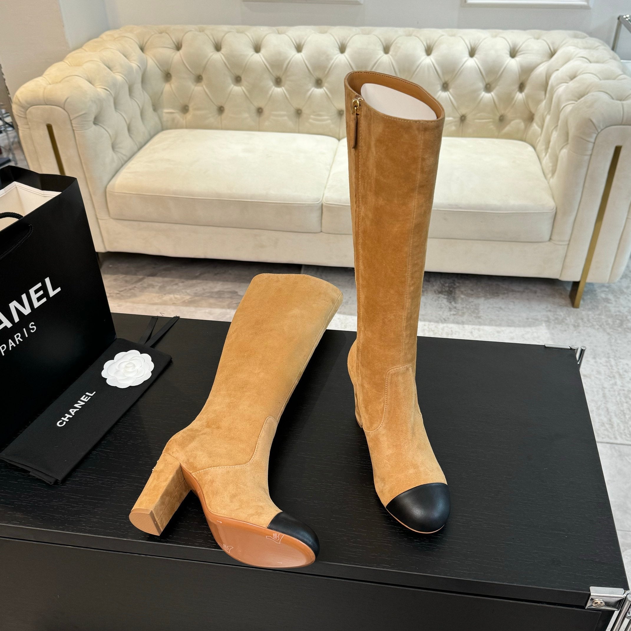 CC 26s Block Heel Long Boot 8cm Beige Black Suede Lambskin 957801