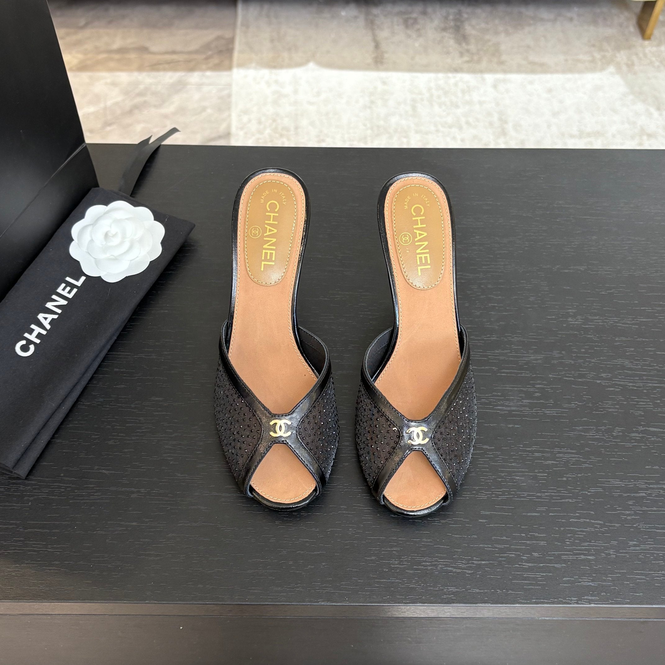 CC 26s Sandal 7cm Black Mesh Lambskin 700612
