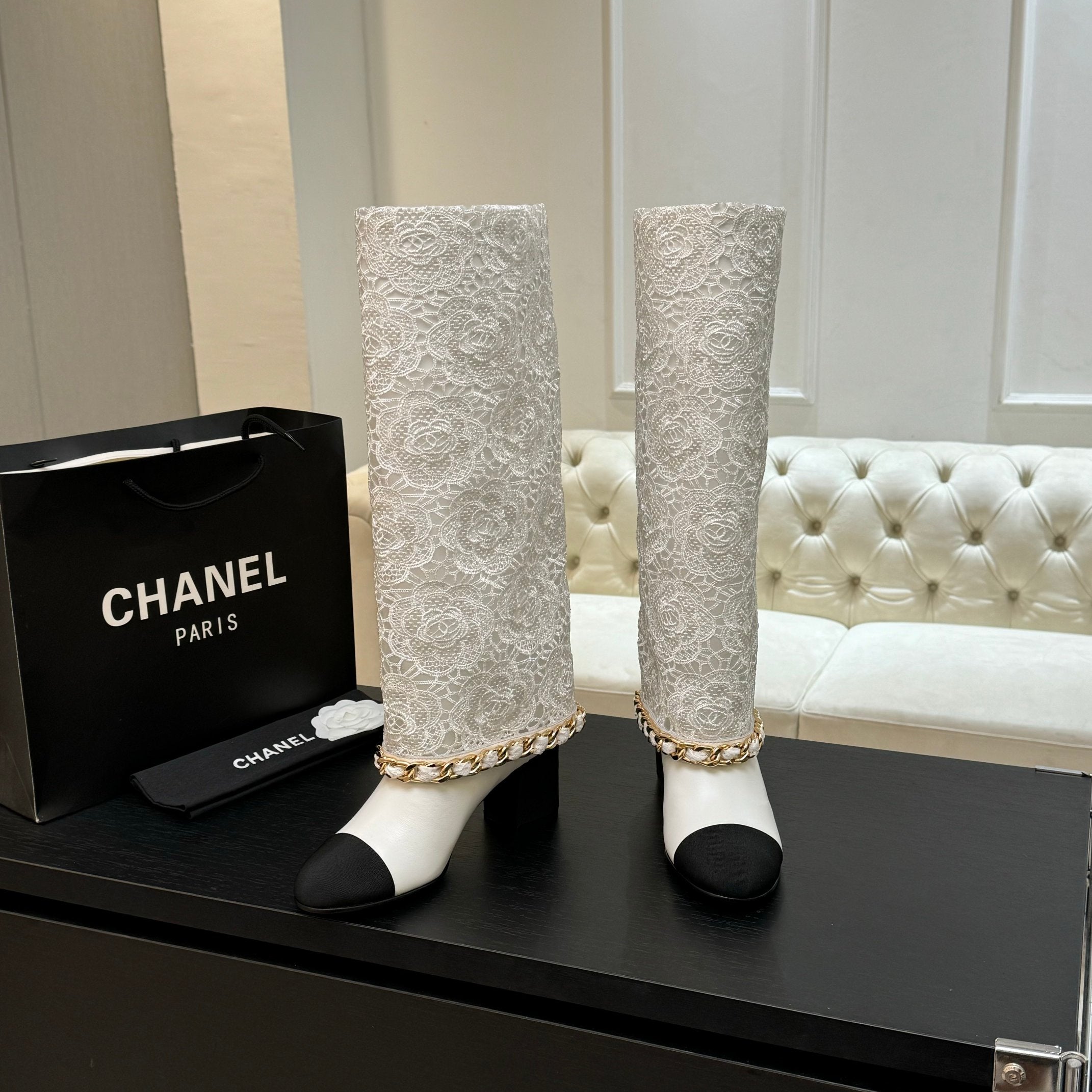 CC 25B High Boots White Lace With Chain Black Grosgrain 373805