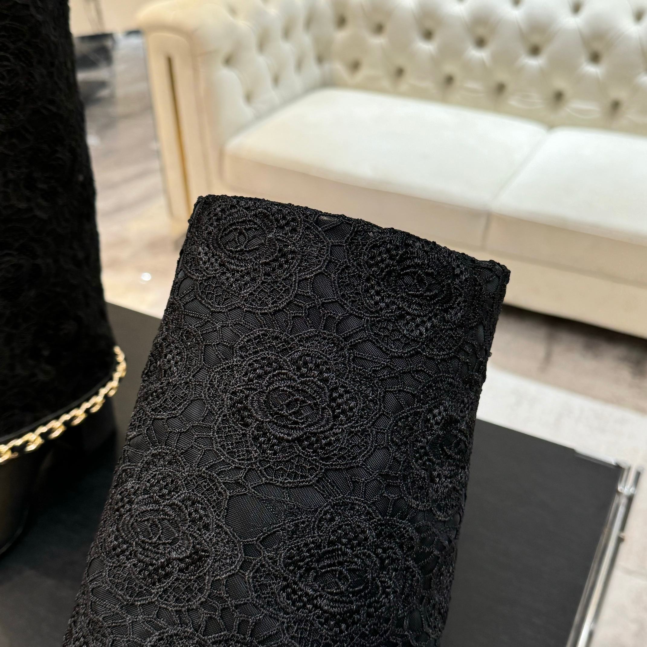 CC 25B High Boots Black Lace With Chain And Grosgrain 373806