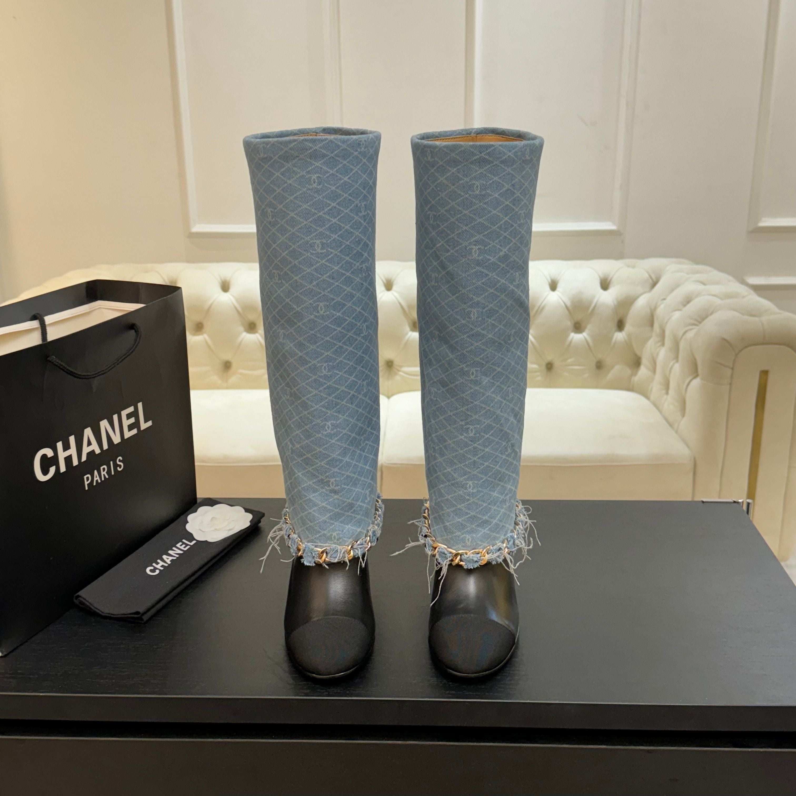 CC 25B High Boots Light Blue Denim With Chain Black Grosgrain 373808