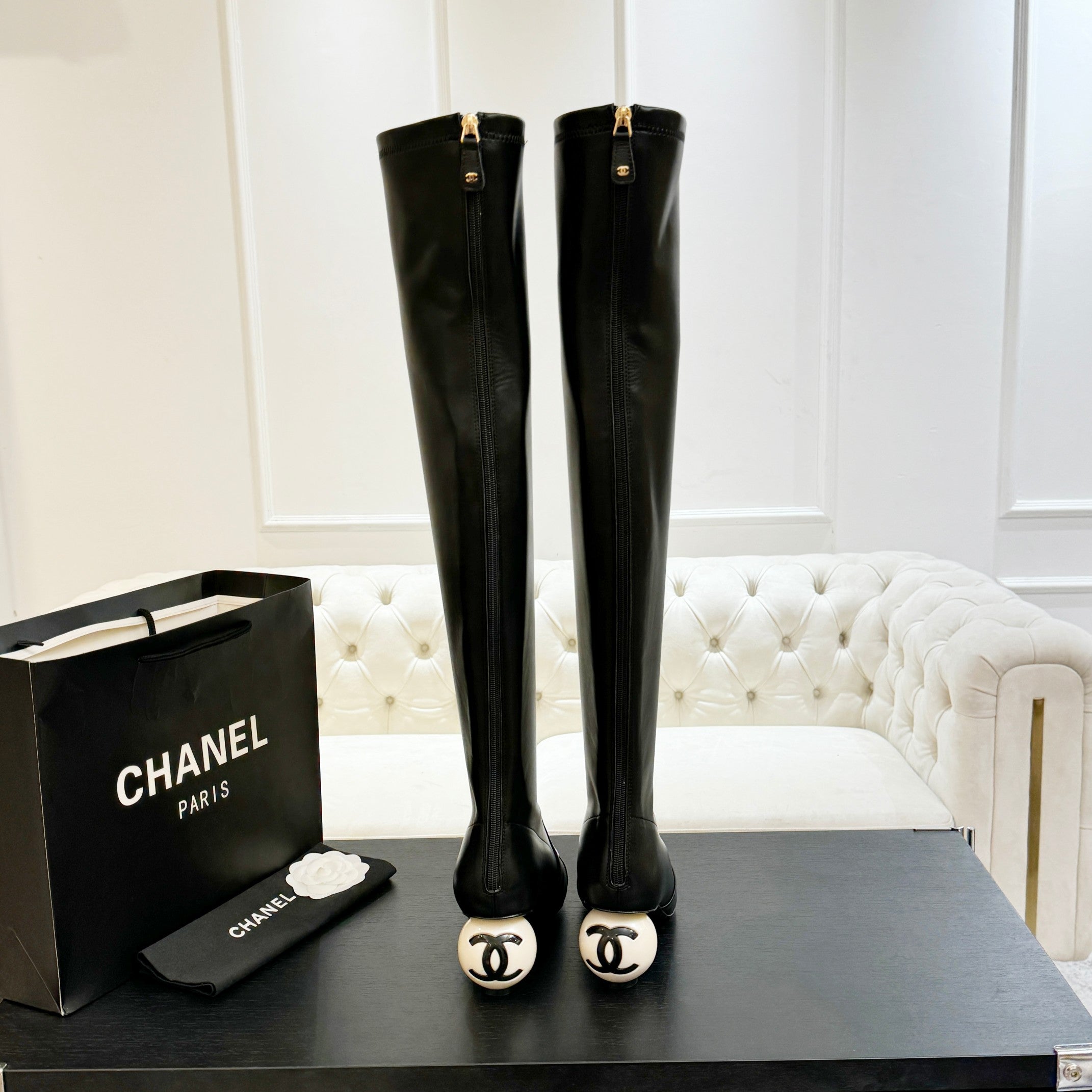 CC 25A Double C Giant Pearl Heel Boots 50mm Black Cowhide 454946