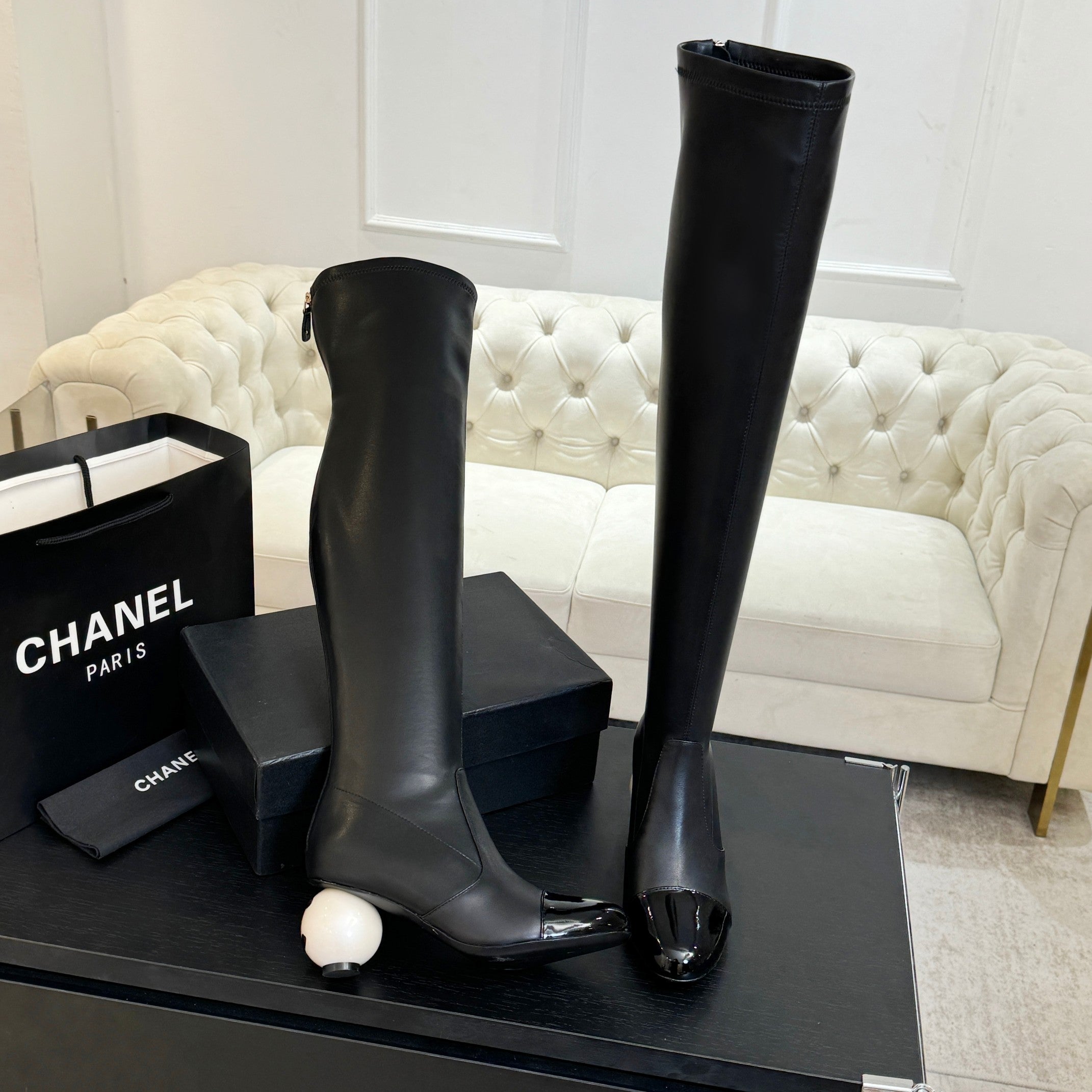 CC 25A Double C Giant Pearl Heel Boots 50mm Black Cowhide 454946