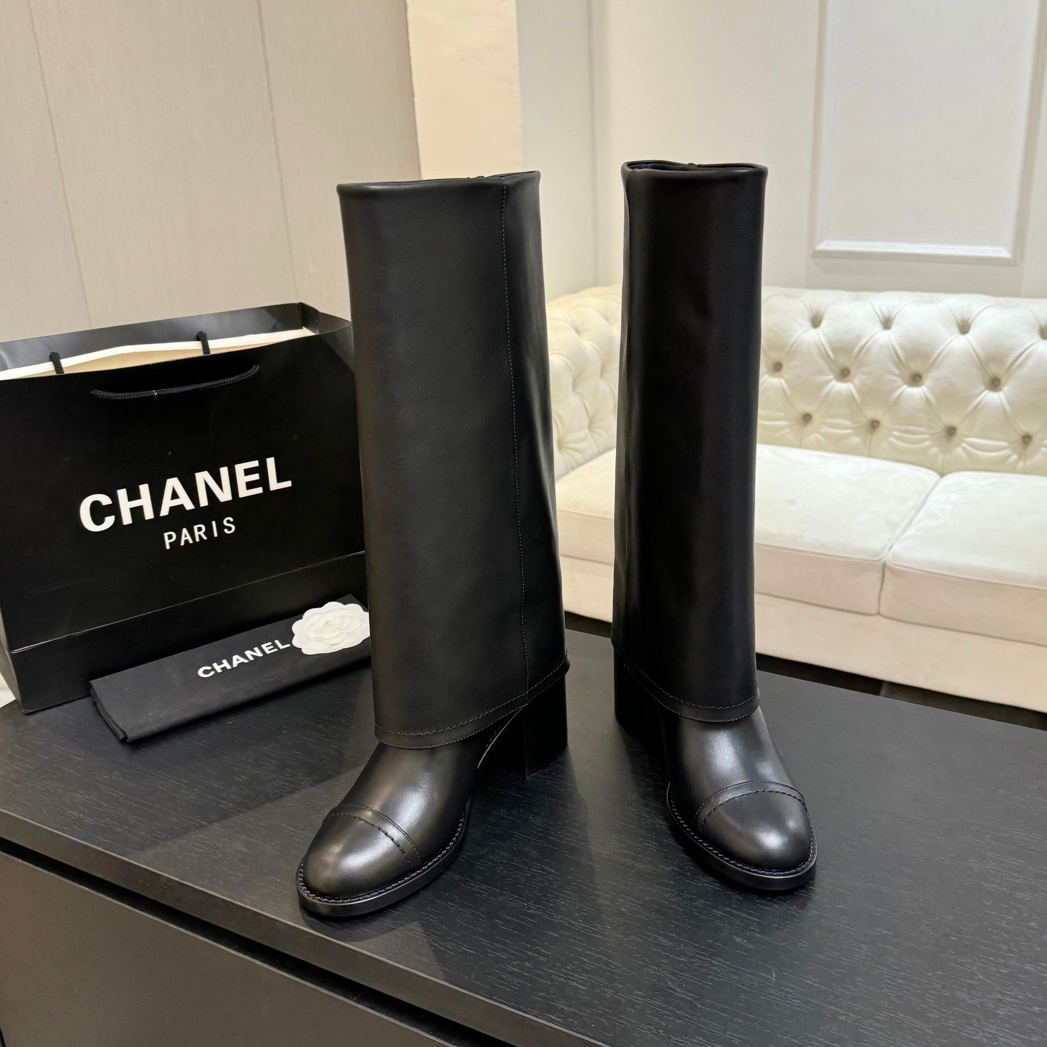 CC 26s Chunky Heel Trouser Boots Black Sheepskin 673036